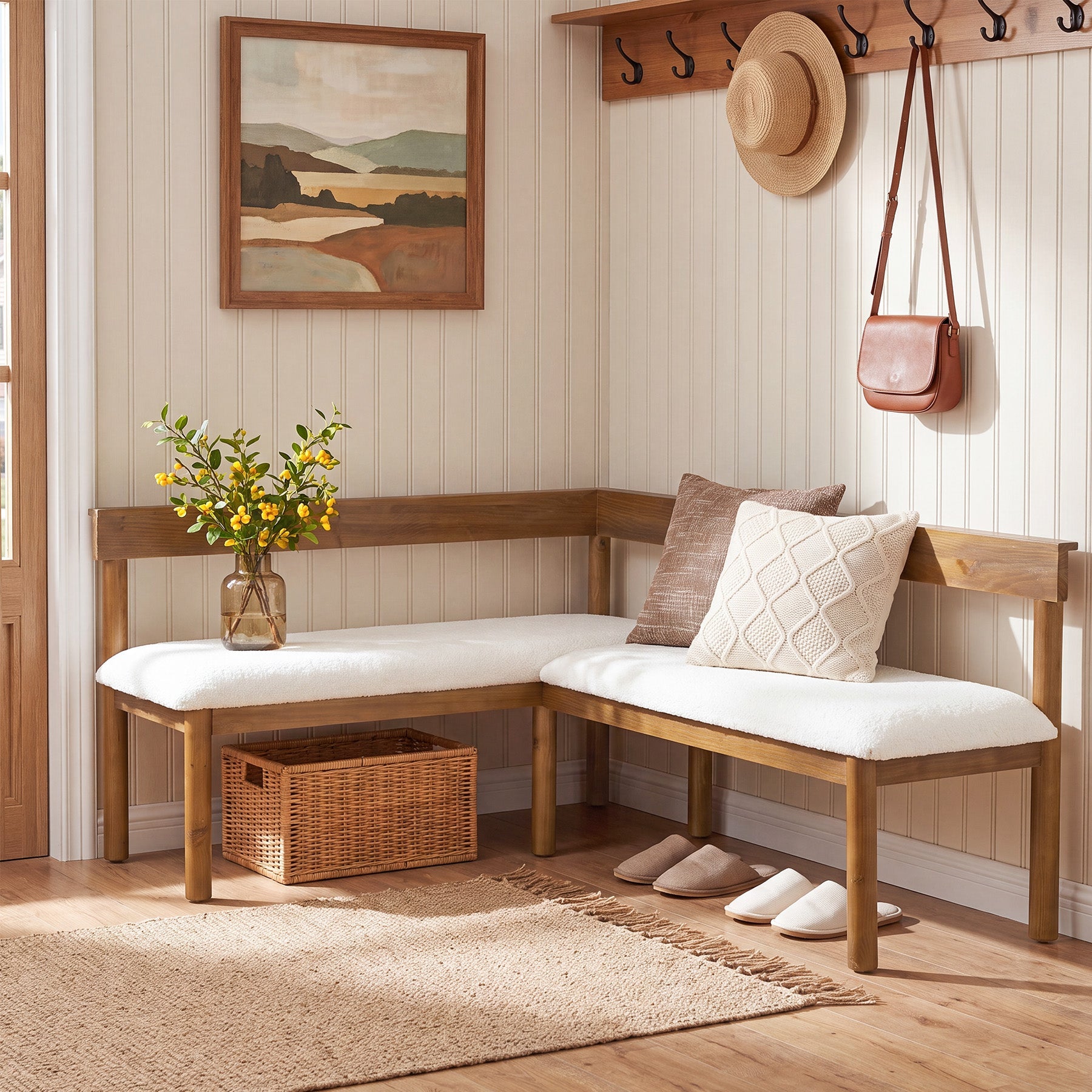Solid Wood L-Shaped Bench, Upholstered Corner Kitchen Bench with Backrest