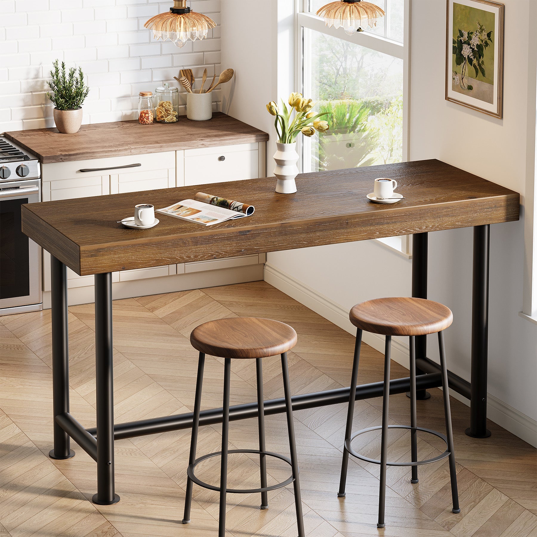 63" Solid Wood Bar Table, Rectangular Counter Height Pub Table with Metal Legs