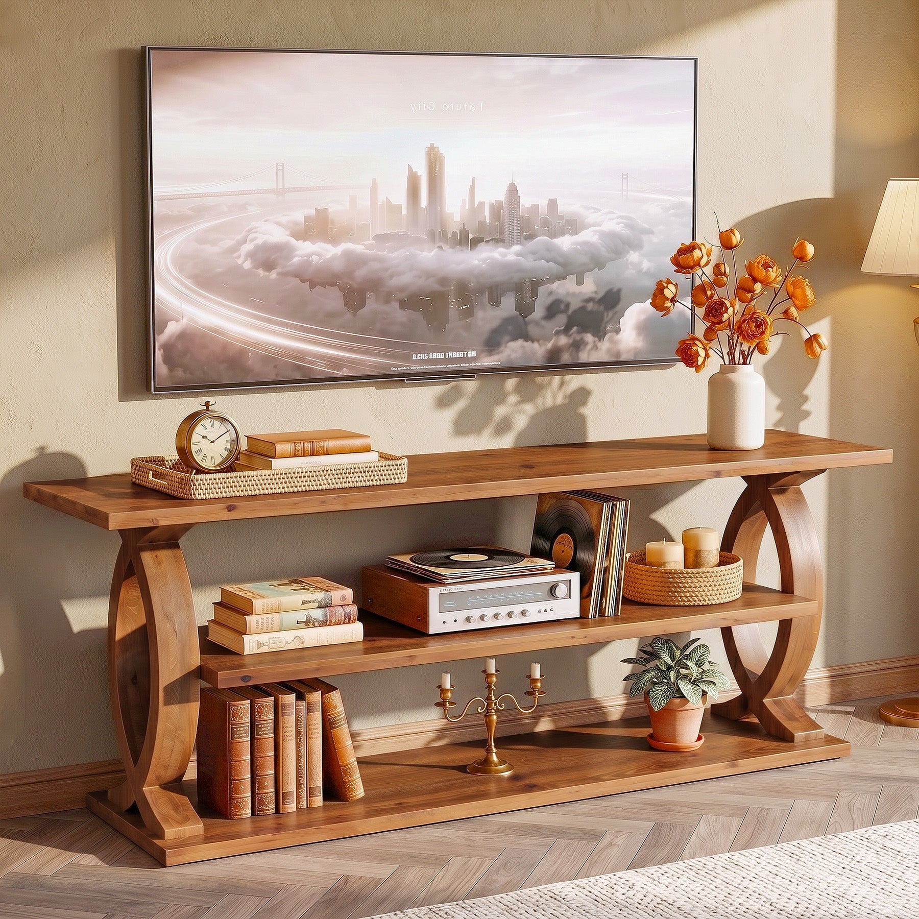 63" Solid Wood TV Stand for 75" TVs, 3-Tier TV Console with Open Storage Shelves