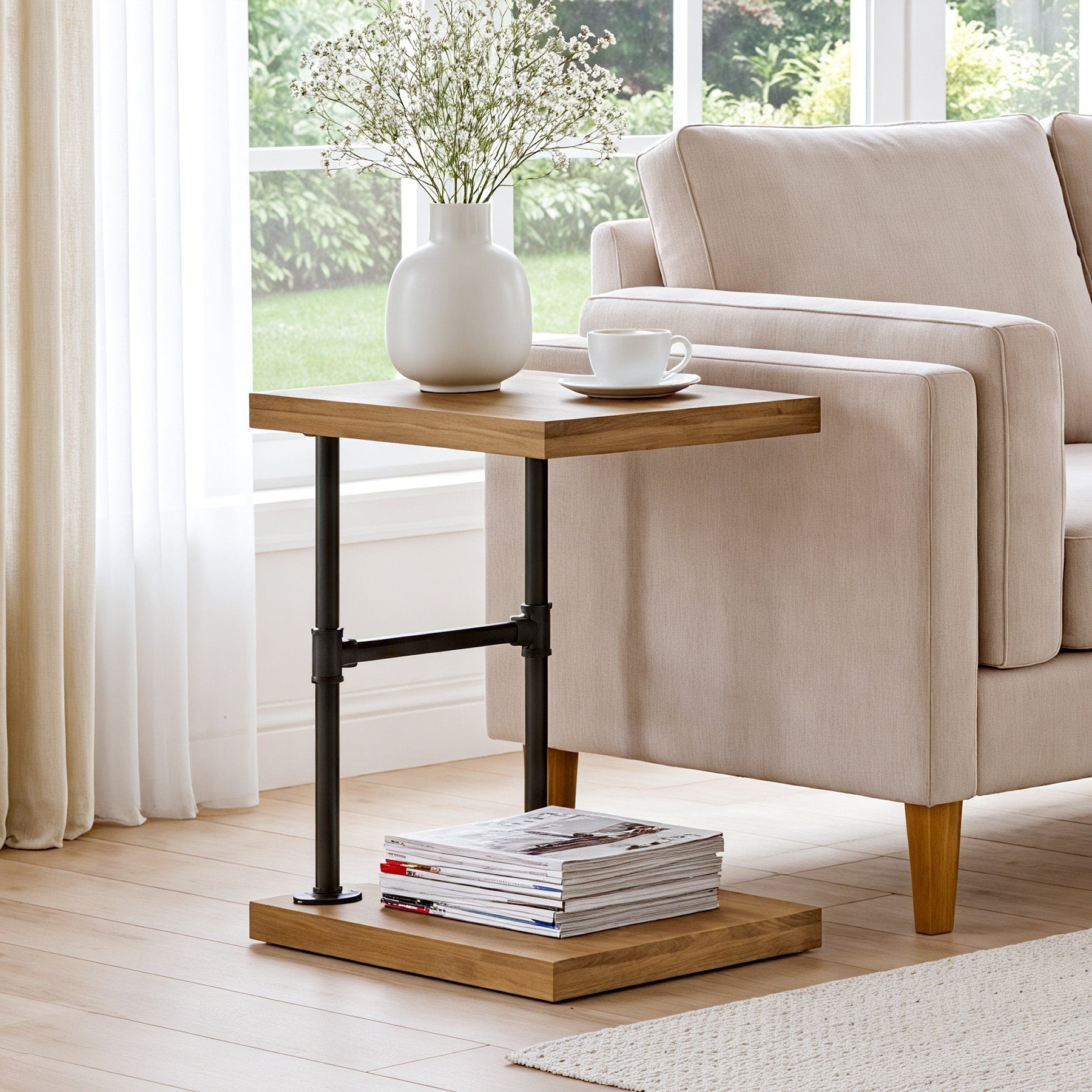 19.7" Solid Wood End Table, 2-Tier Storage Table