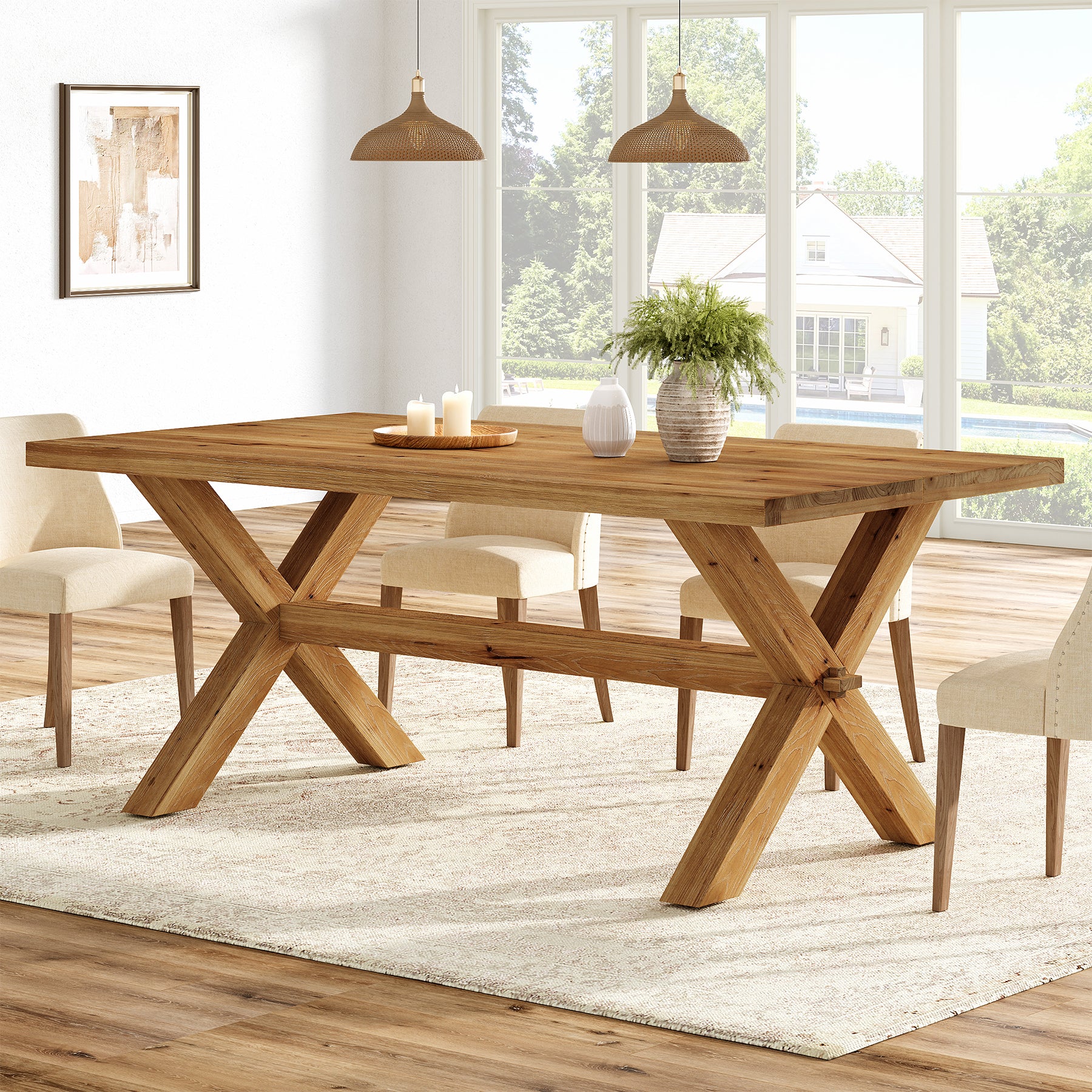 63" Rectangle Dining Table, Farmhouse Solid Wood Kitchen Table with Large Tabletop for 4-6
