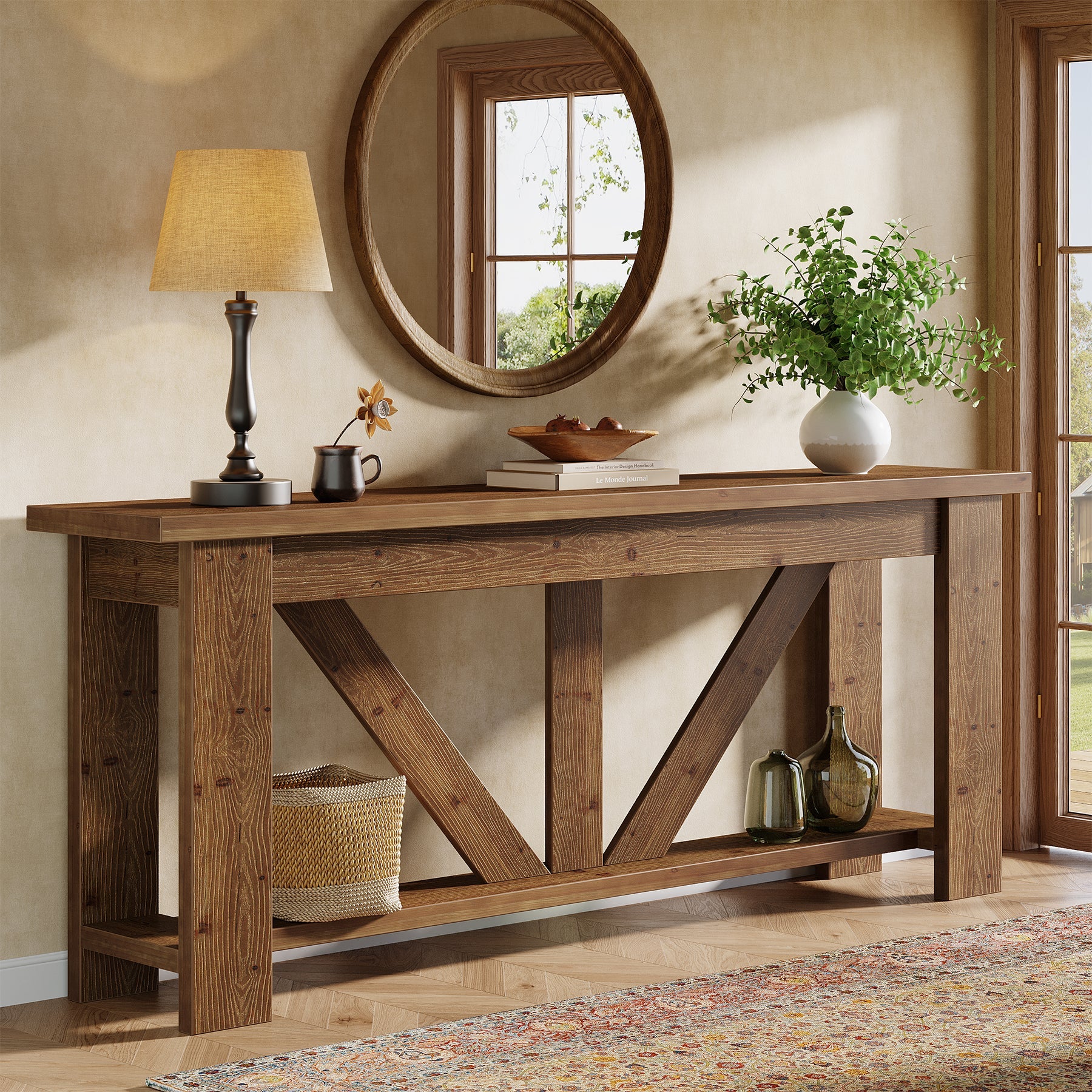 70.9" Solid Wood Console Table,  2-Tier Sofa Table Behind Couch with Storage