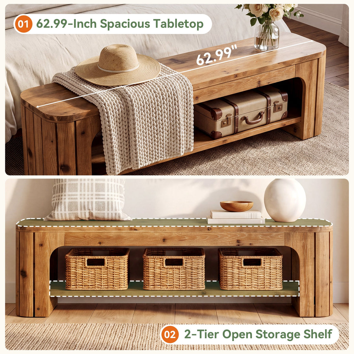 63" Solid Wood Entryway Bench, 2-Tier Open Shoe Storage, Rustic Hallway Bench