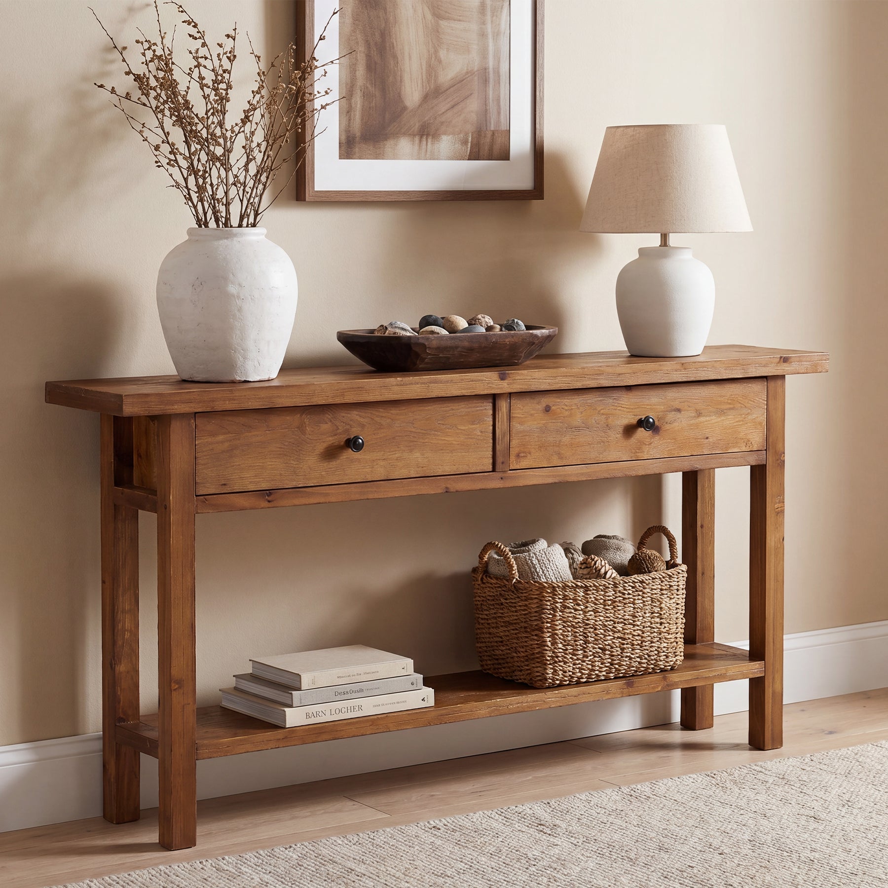 63" Solid Wood Console Table, Narrow Sofa Entryway Table with 2 Drawers and Shelf