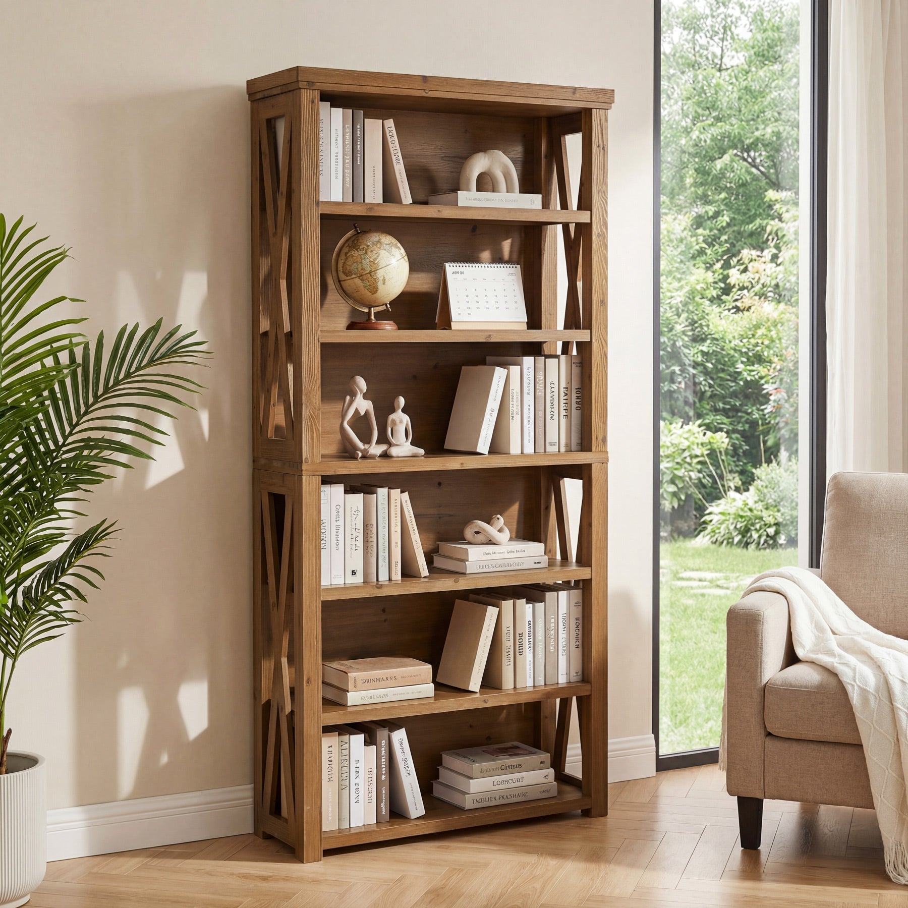 72" Tall Bookshelf, 6-Tier Solid Wood Bookcase with Open Shelves