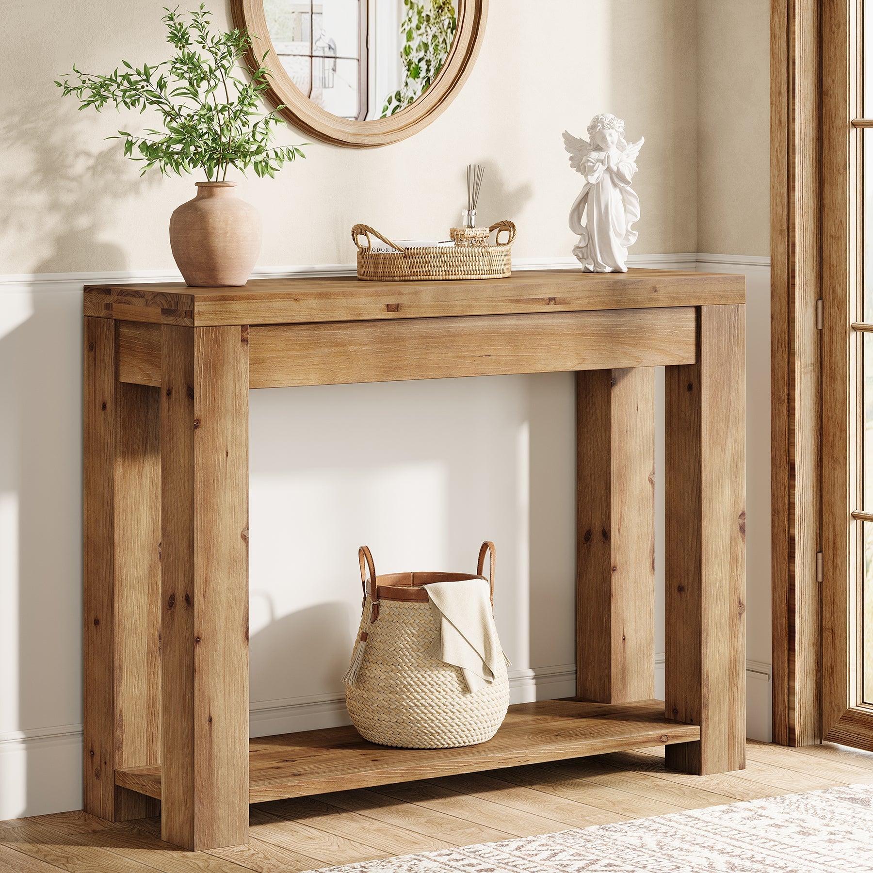 Solid Wood 43.31" Farmhouse Console Table, Narrow Entryway Sofa Table for Living Room, Hallway