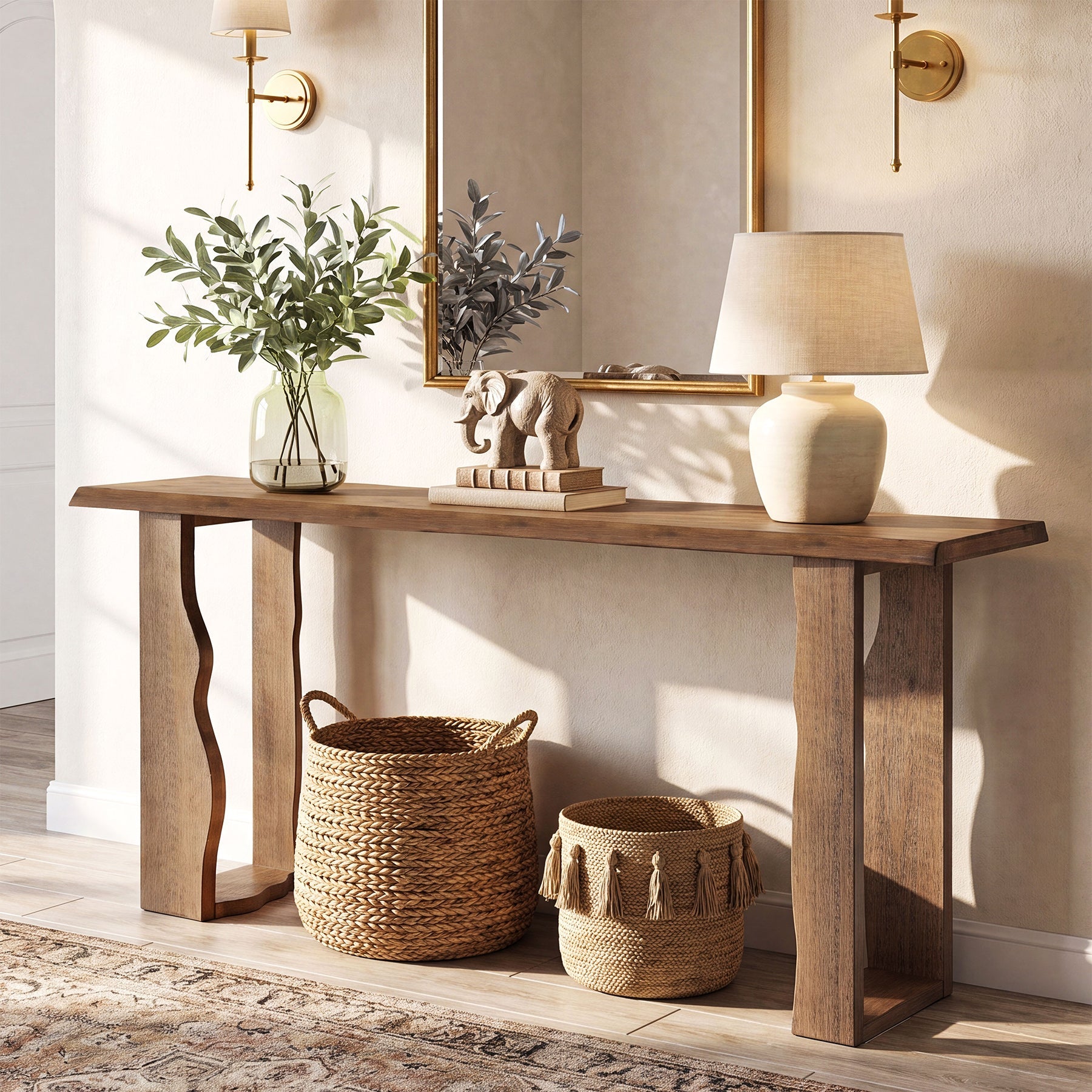 70.9" Solid Wood Console Table, Live Edge Entryway Sofa Table with Wavy Legs