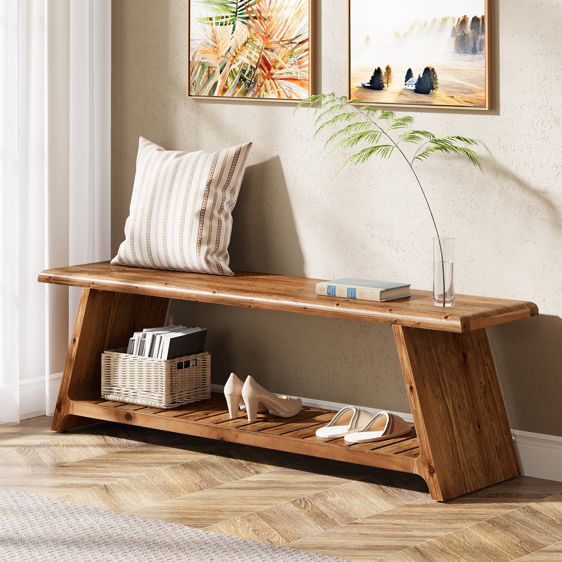 63" Solid Wood Entryway Bench, Narrow Shoe Bench Seat with Storage