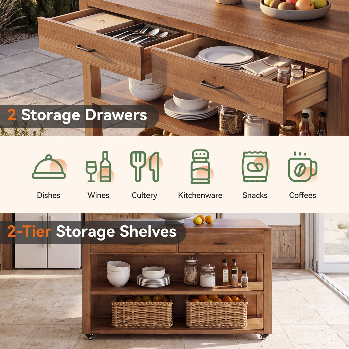 55" Rolling Kitchen Island, Solid Wood with 4 Drawers, Seating Space & Lockable Casters