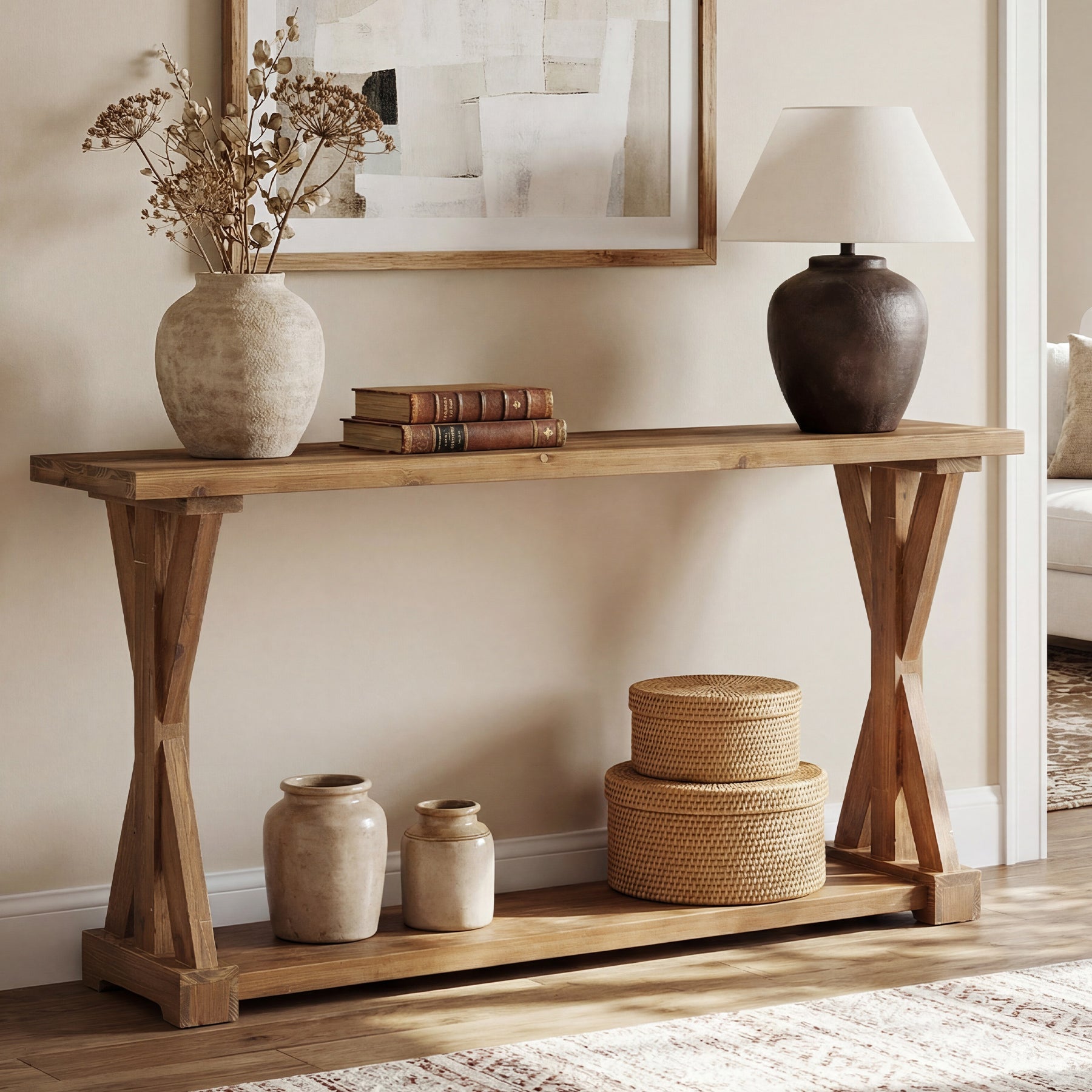63" Narrow Console Table, Farmhouse Solid Wood Entryway Table with 2-Tier Storage