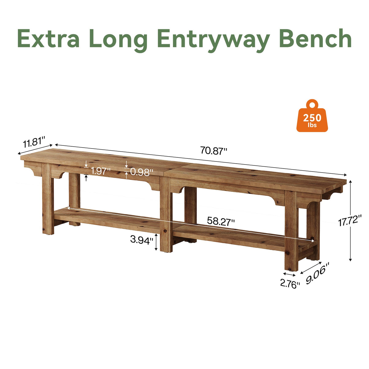 71" Entryway Bench, Farmhouse Solid Wood 2-Tier Shoe Storage Bench for Hallway