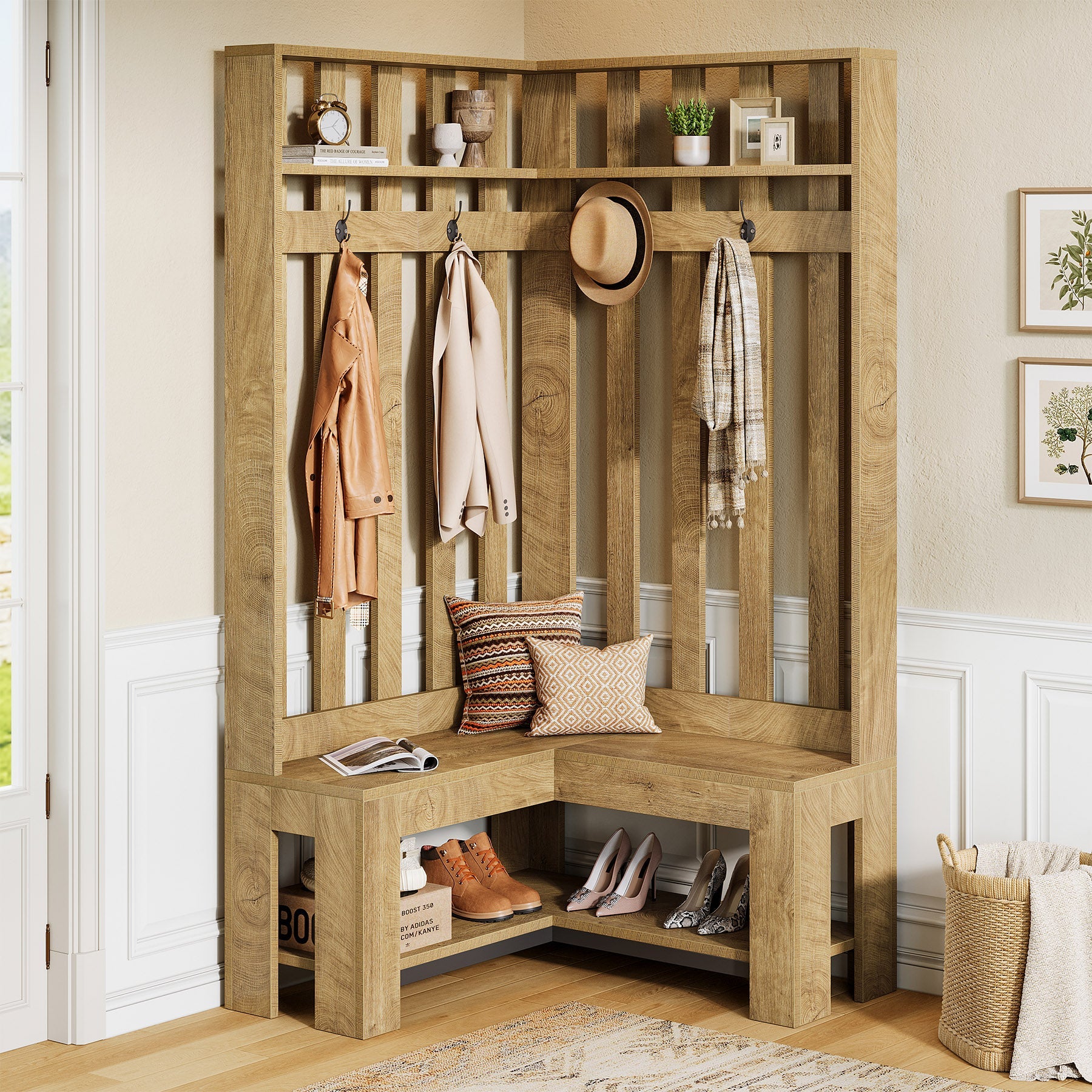 70.8" L-Shaped Coat Rack, Corner Hall Tree with 4 Hooks & Shoe Storage