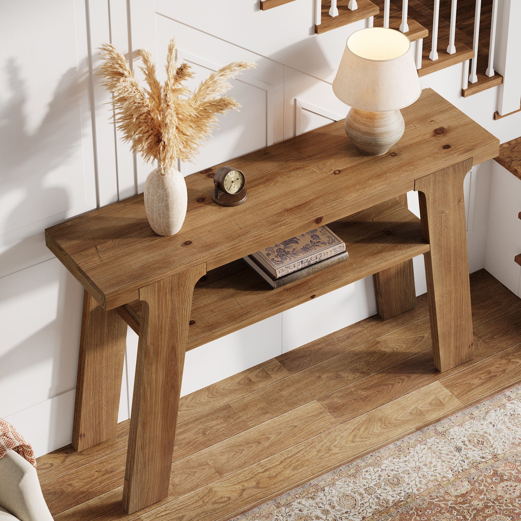Solid Wood Console Table, 47" Farmhouse Small Sofa Table with 2-Tier Storage