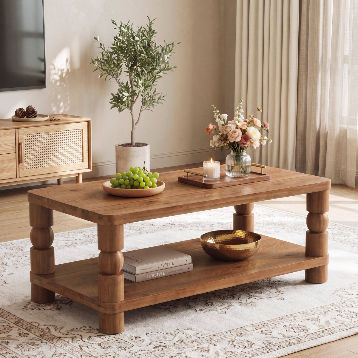 47" Farmhouse Solid Wood Coffee Table, 2-Tier Storage, Living Room