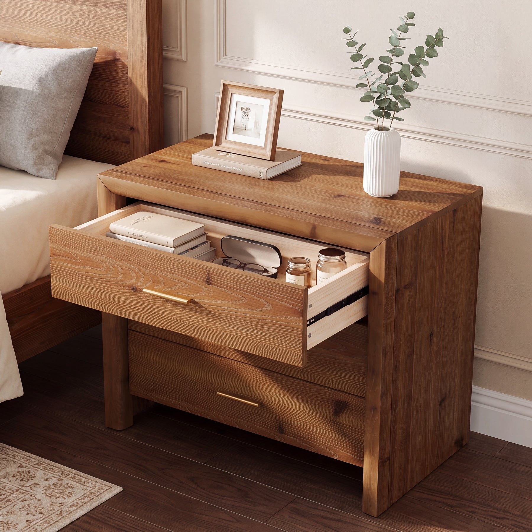 Solid Wood Nightstand with 3 Drawers, 31.5" Oversized Bedside Table for Bedroom
