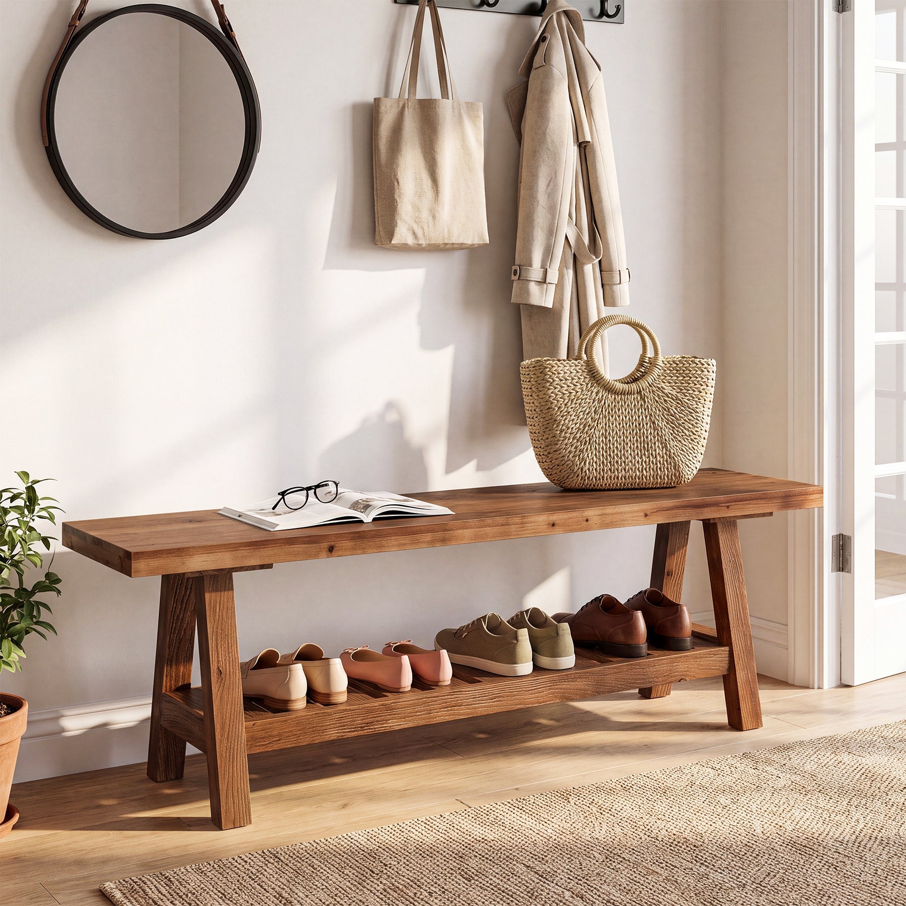 55" Entryway Bench, Solid Wood Shoe Bench End of Bed Seating with Storage Shelf