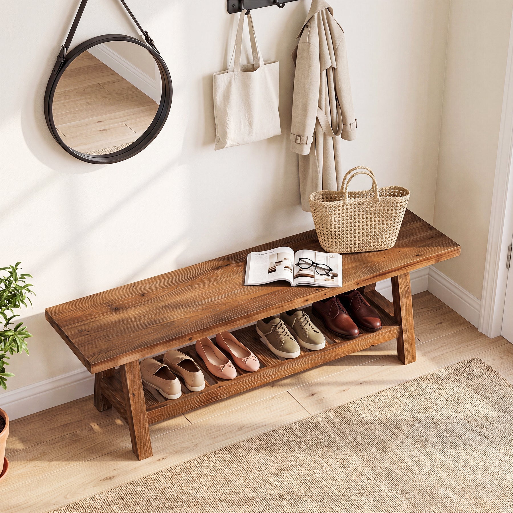 55" Entryway Bench, Solid Wood Shoe Bench End of Bed Seating with Storage Shelf