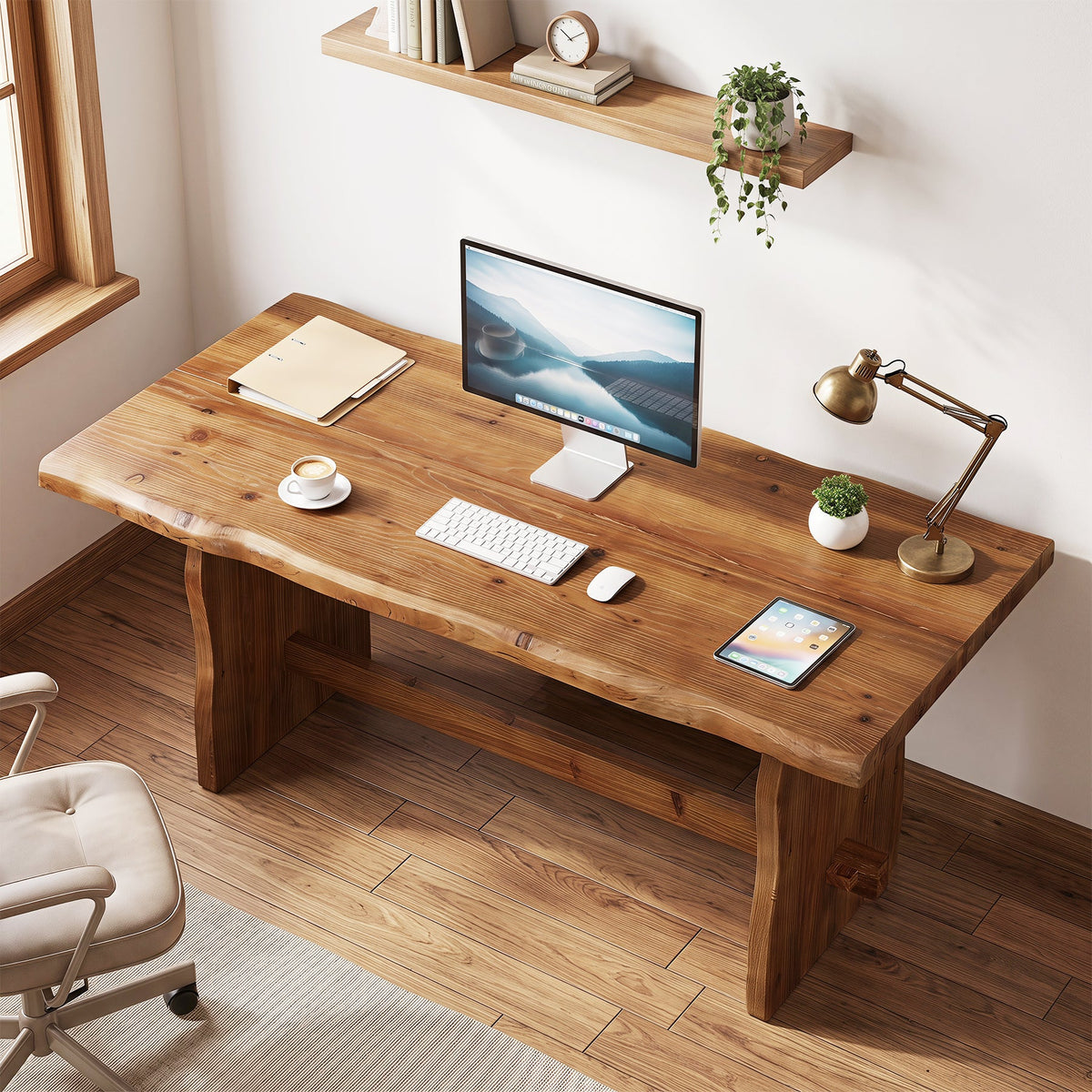 63" Solid Wood Executive Desk, Live Edge Computer Desk with Sturdy Panel Legs for Home Office