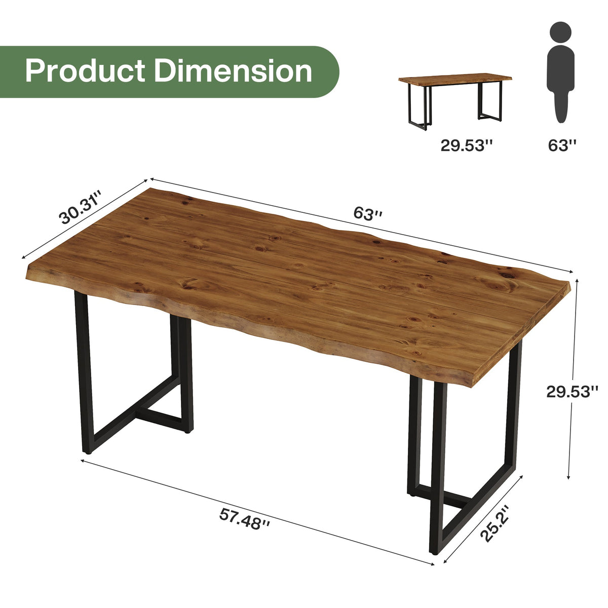 63" Live Edge Executive Desk, Solid Wood Home Office Desk, Heavy-Duty Metal Frame