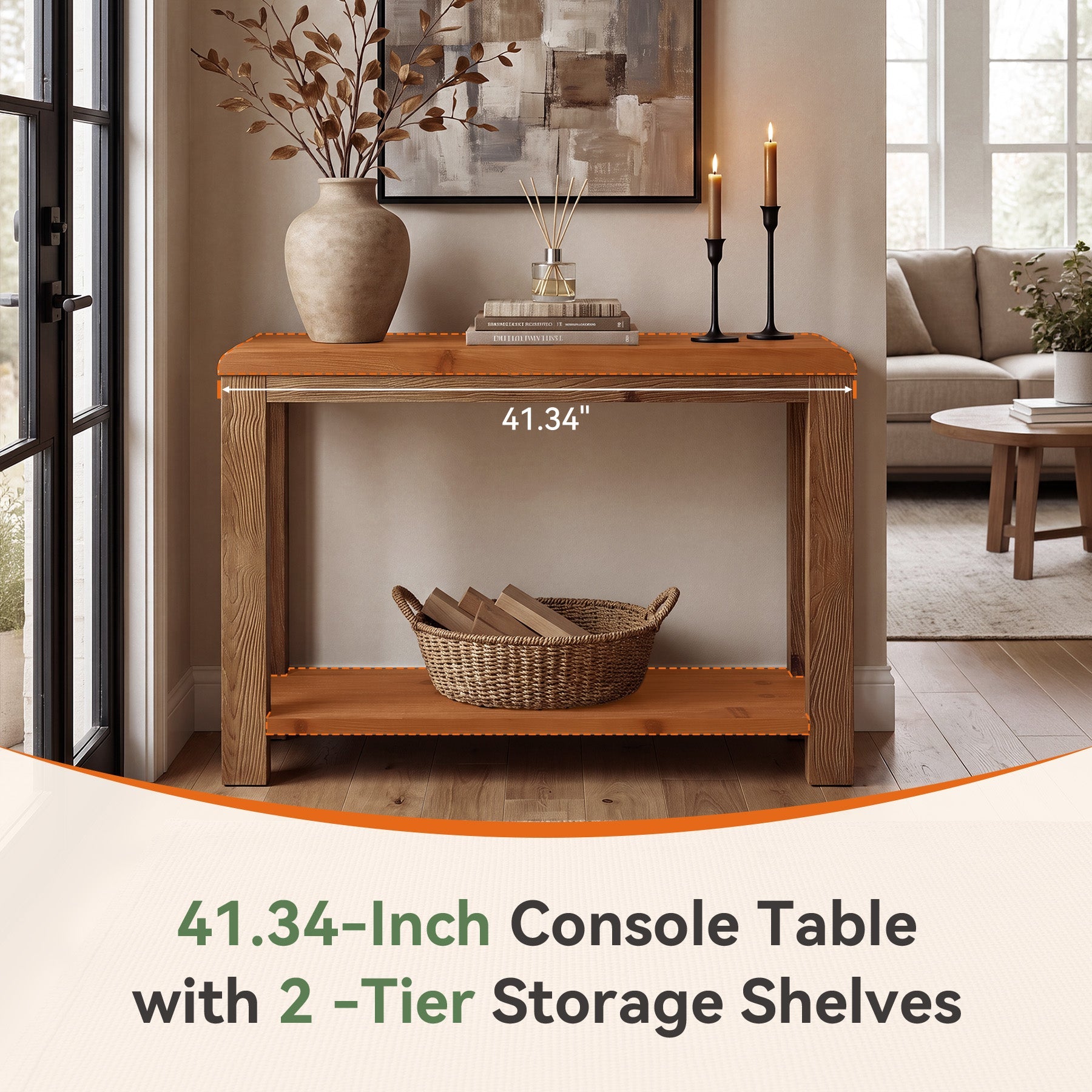 41.3" Solid Wood Console Table with 2-Tier Shelves, Farmhouse Entryway Sofa Table for Hallway
