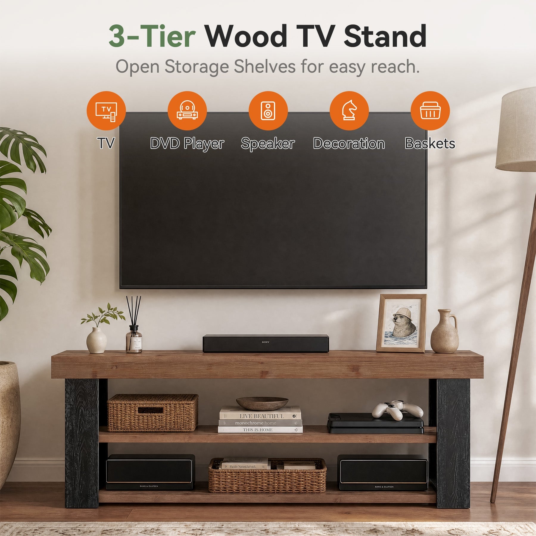 63" TV Stand for 65/70" TVs, Farmhouse Solid Wood Media Console, Entertainment Center