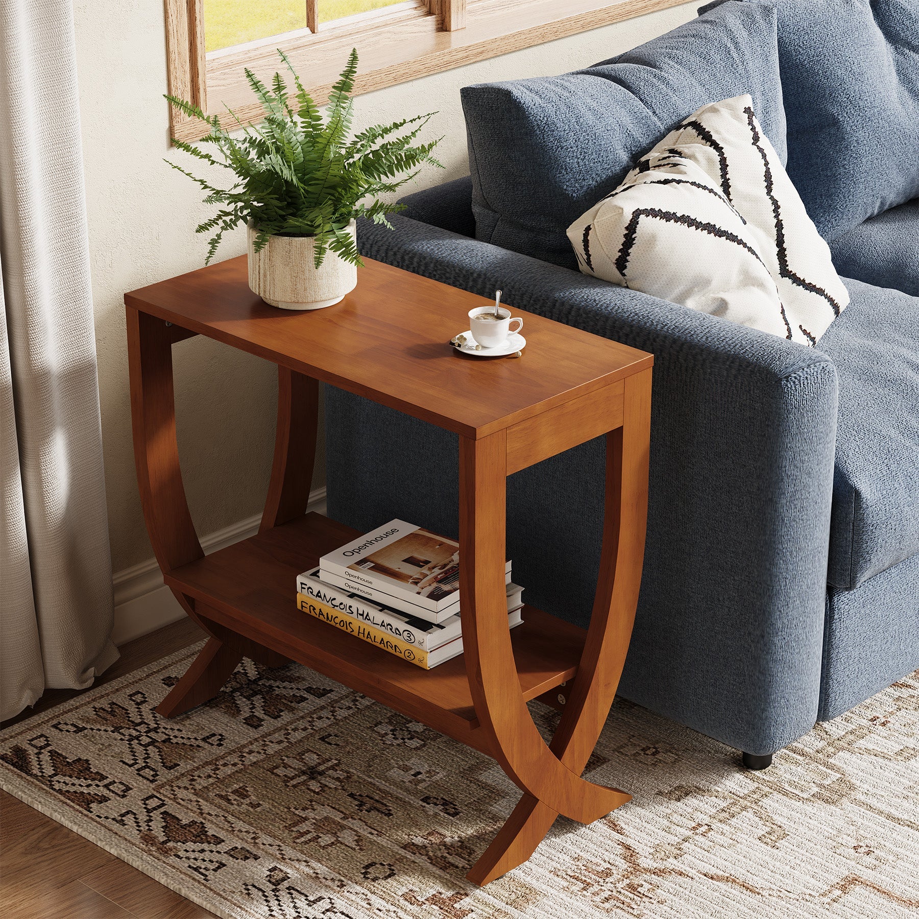 Solid  Wood End Table, 2-Tier Couch Side Table with Arched Legs