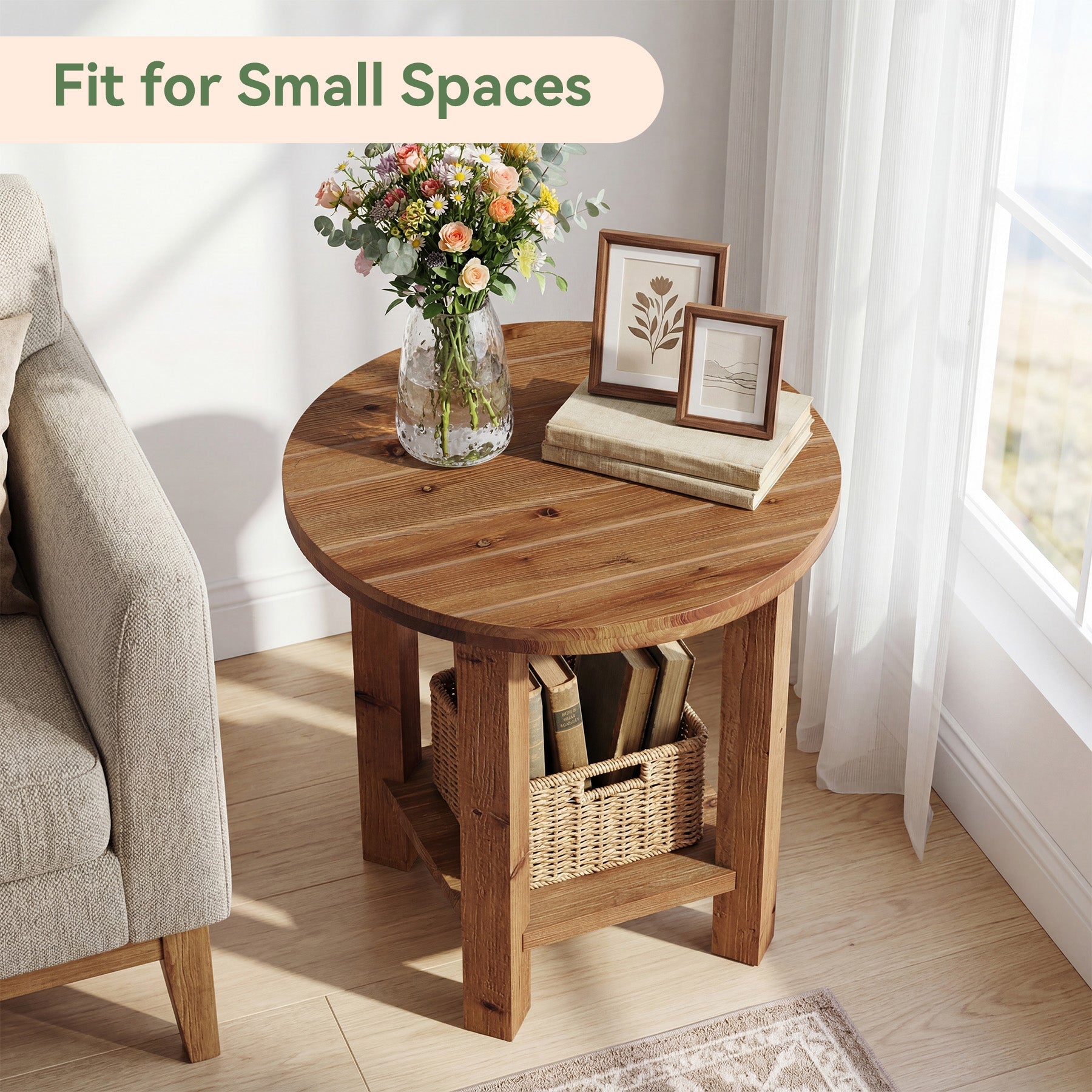 2-Tier End Table, Solid Wood Round Side Table with Grooved Textured Tabletop