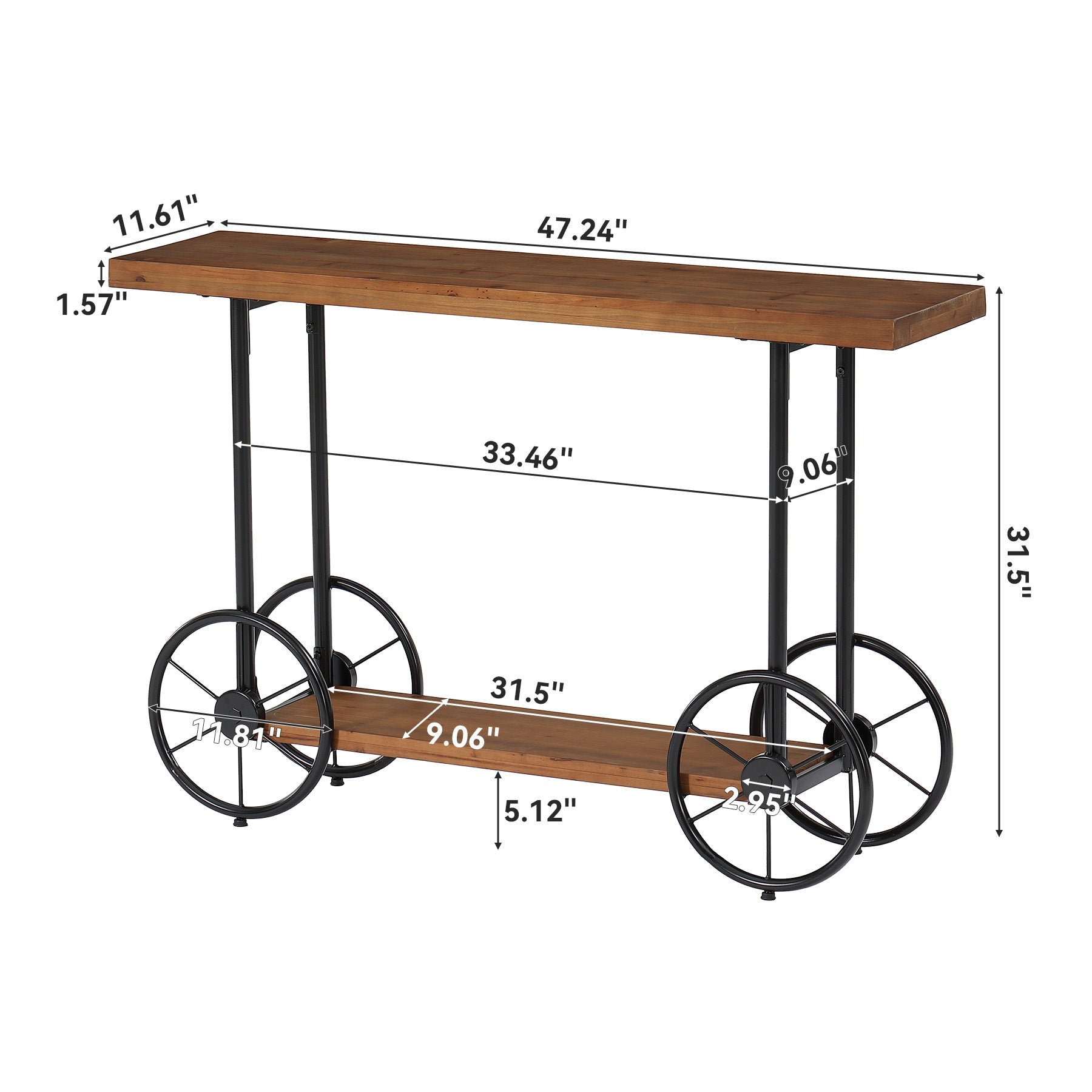 47" Solid Wood Industrial Console Table with 2-Tier Shelves – Narrow Entryway Sofa Table with Metal Base for Hallway or Living Room