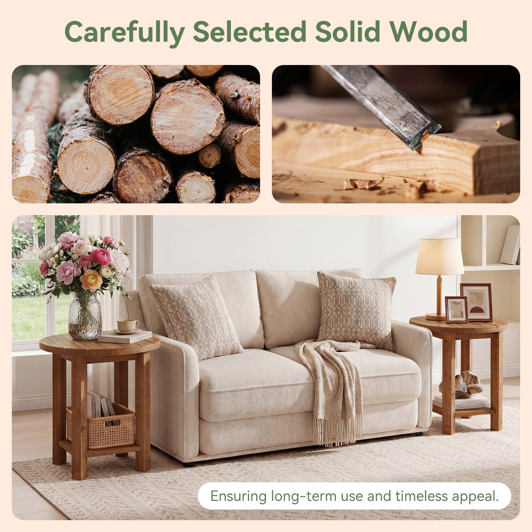 2-Tier End Table, Solid Wood Round Side Table with Grooved Textured Tabletop