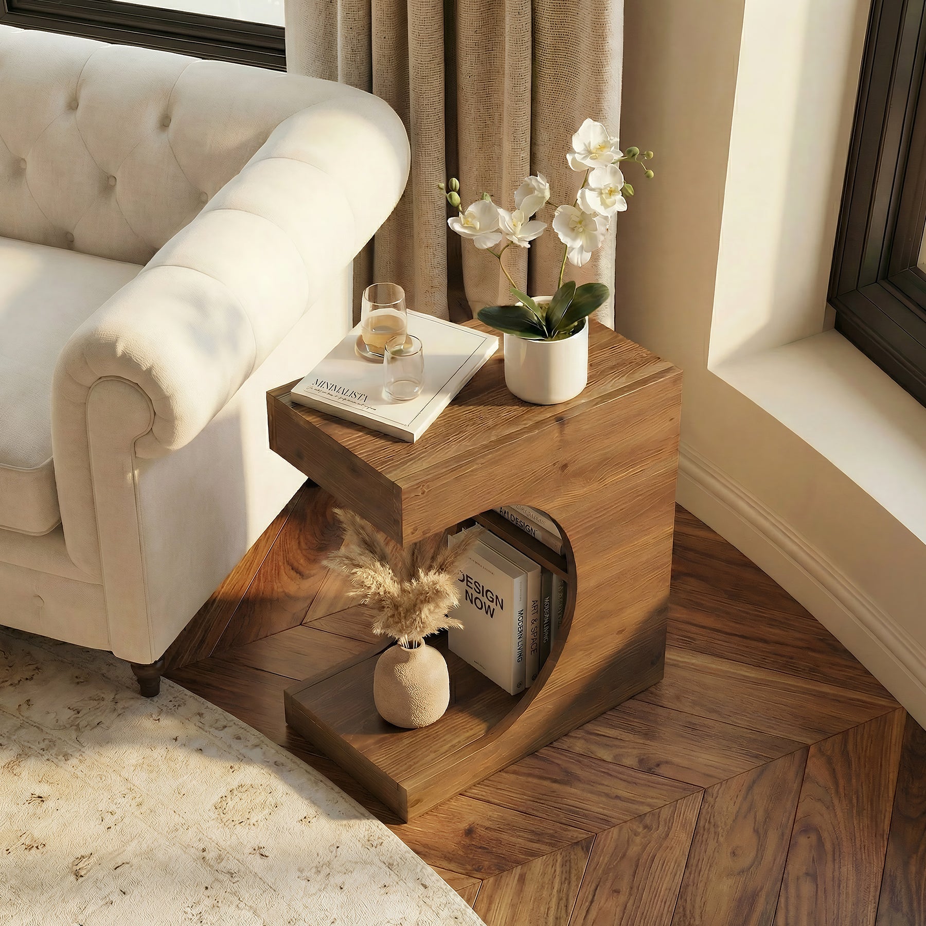 23.6" C-Shaped End Table, Modern Solid Wood Side Table Nightstand with 2-Tier Storage