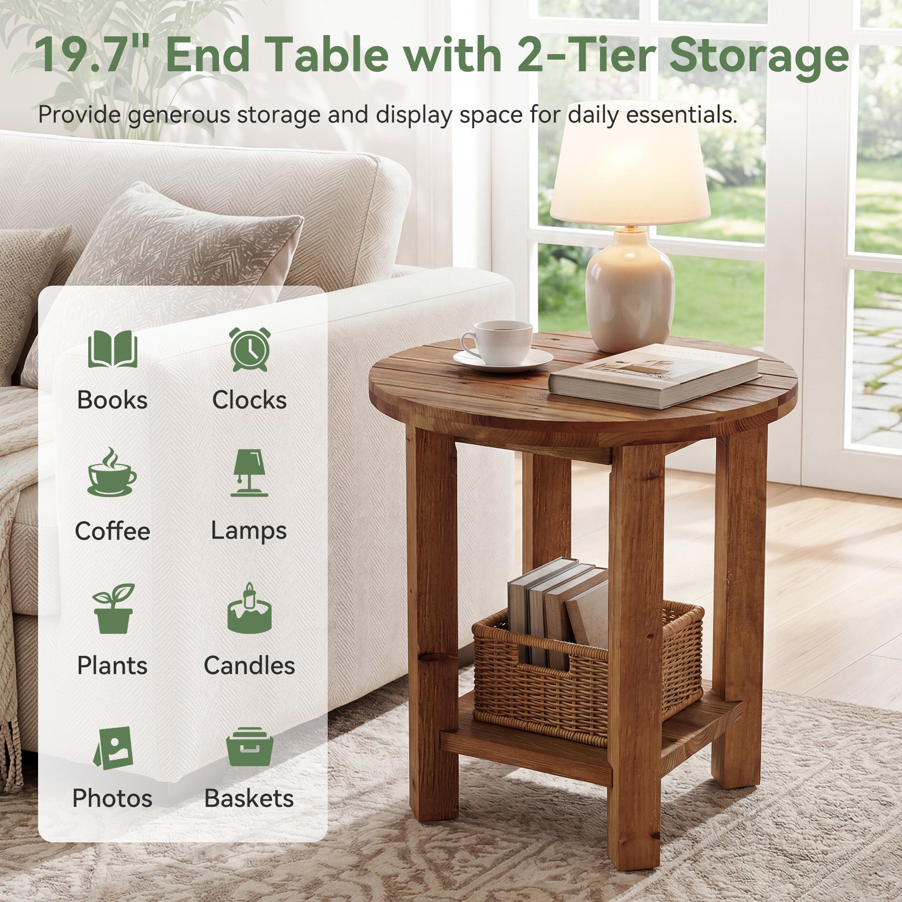 2-Tier End Table, Solid Wood Round Side Table with Grooved Textured Tabletop