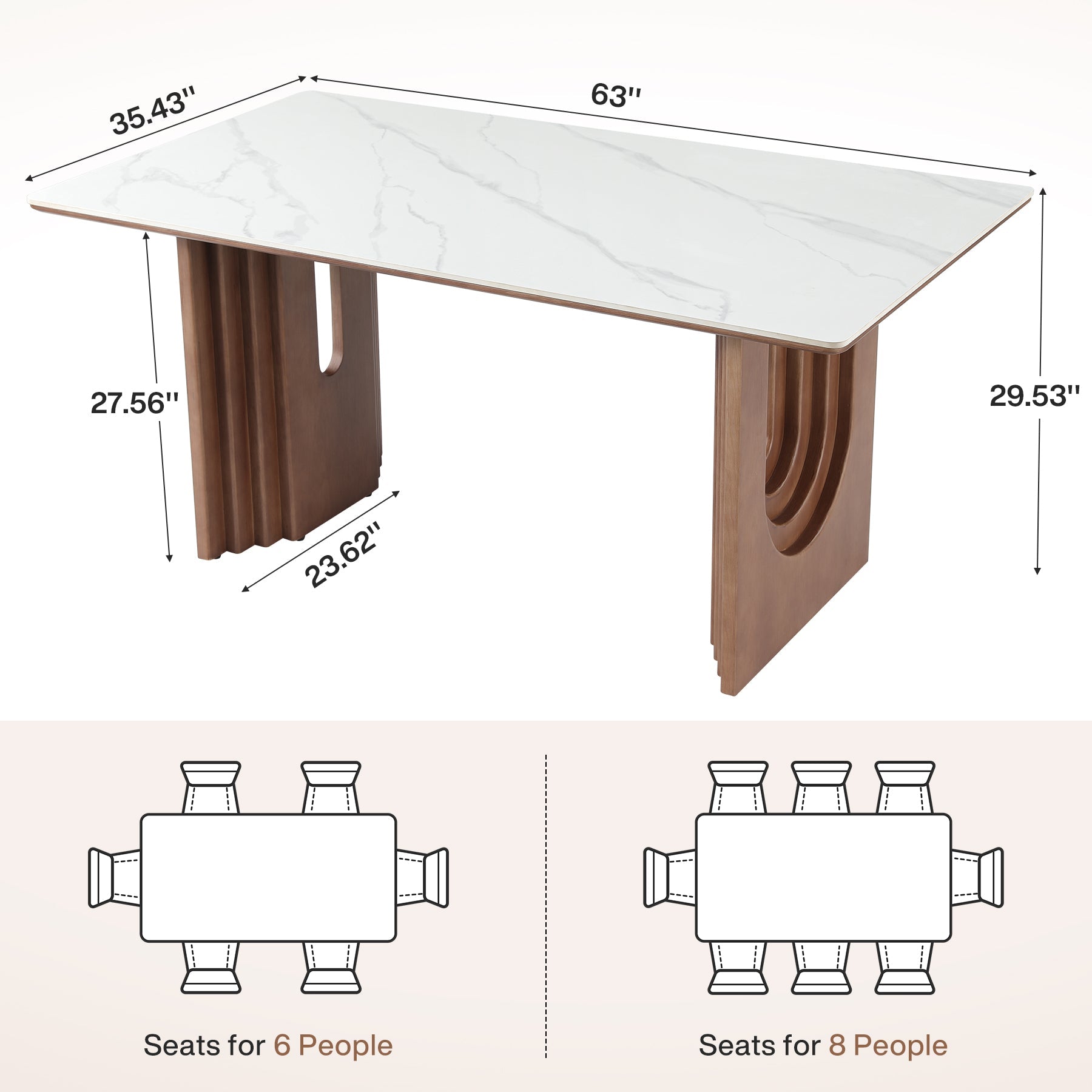 63" Sintered Stone Dining Table with Solid Wood Pedestal Double Base for 6