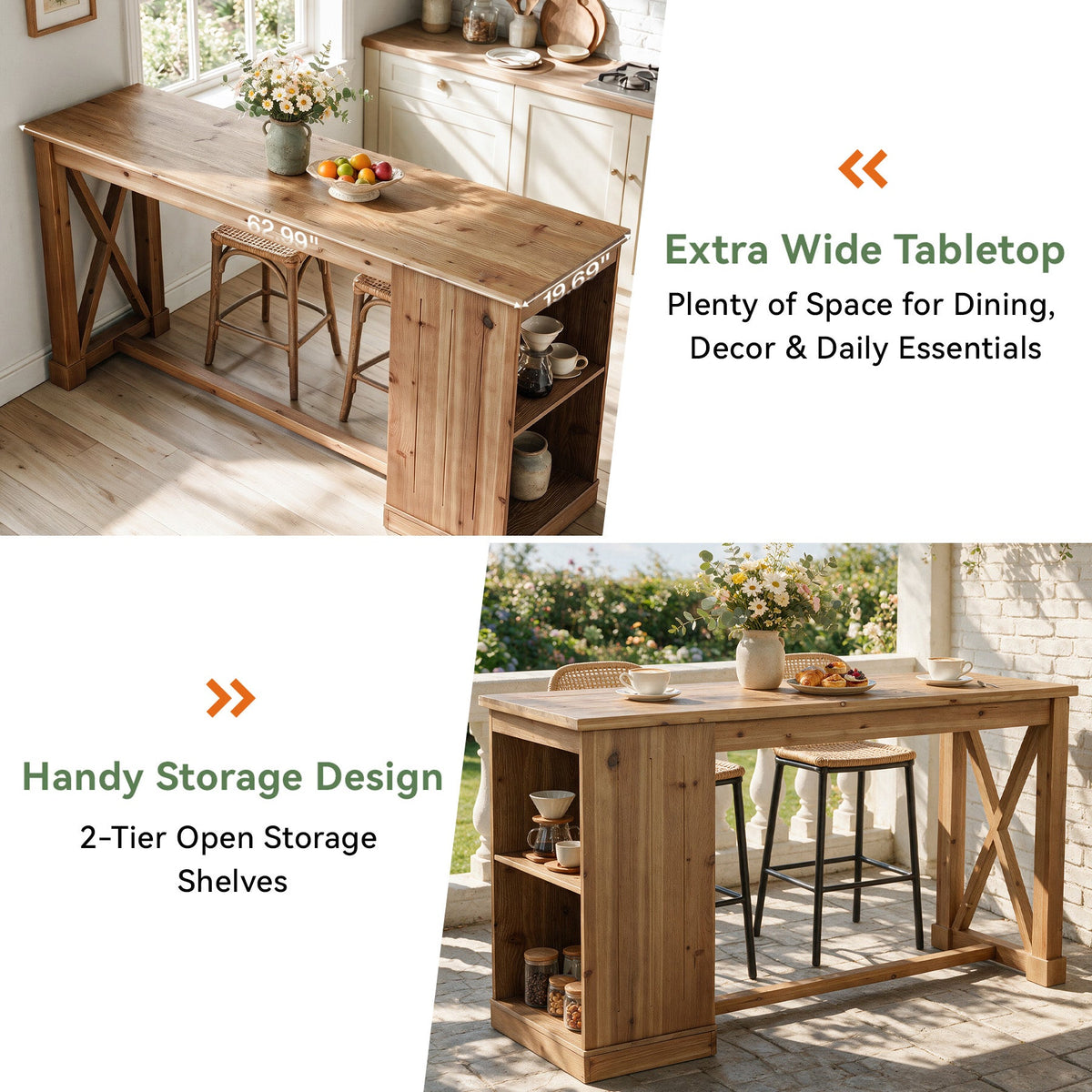 63" Counter Height Bar Table, Farmhouse Solid Wood, Rectangular with 2-Tier Storage