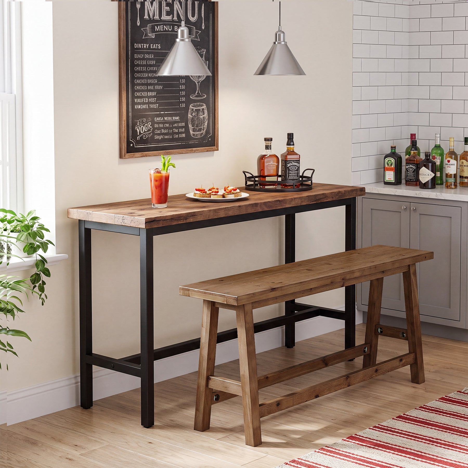 55" Solid Wood Counter Height Bar Bench, Farmhouse Dining Bench for Dining Room