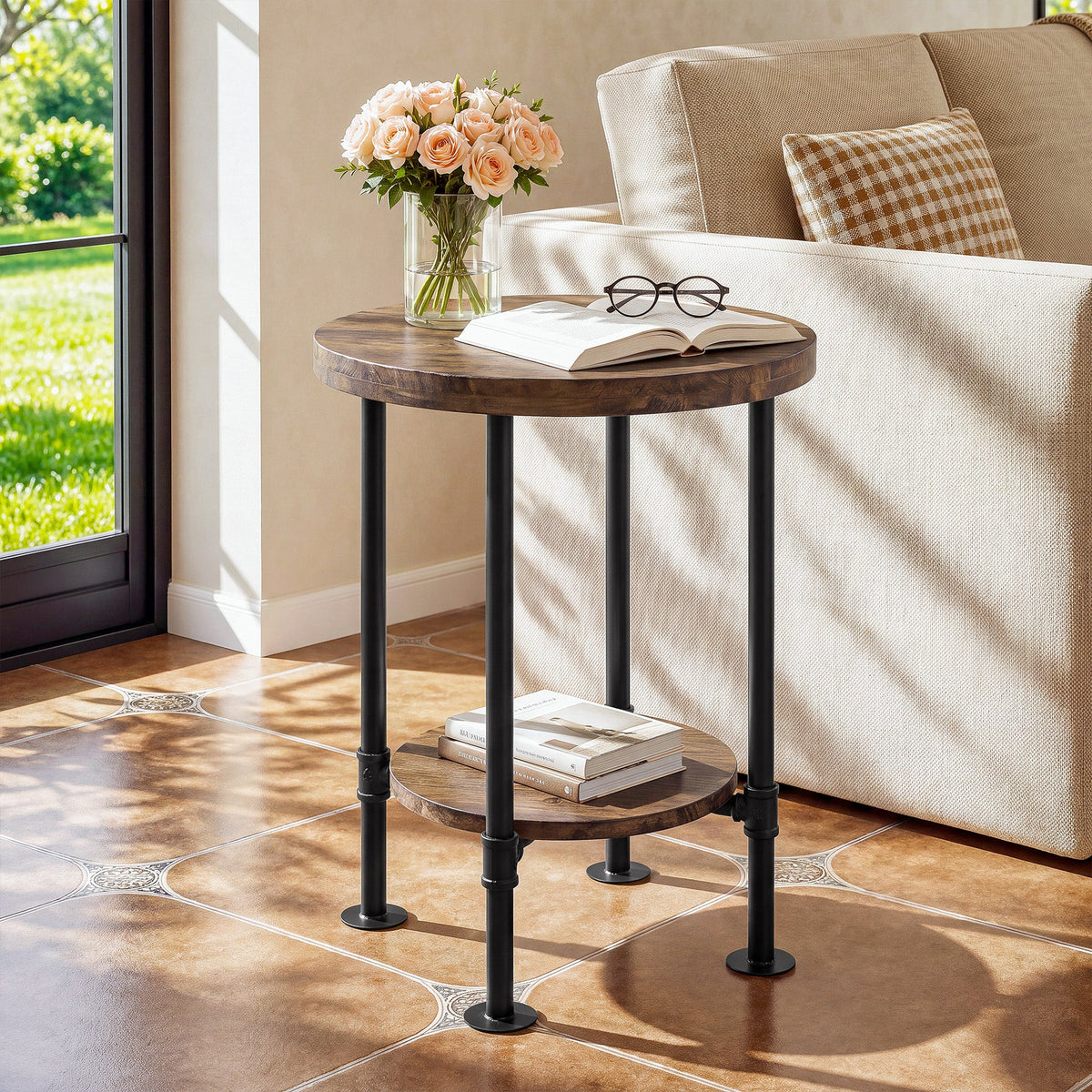 Round End Table, 2-Tier Side Table with Solid Wood Top & Metal Pipe Legs for Living Room