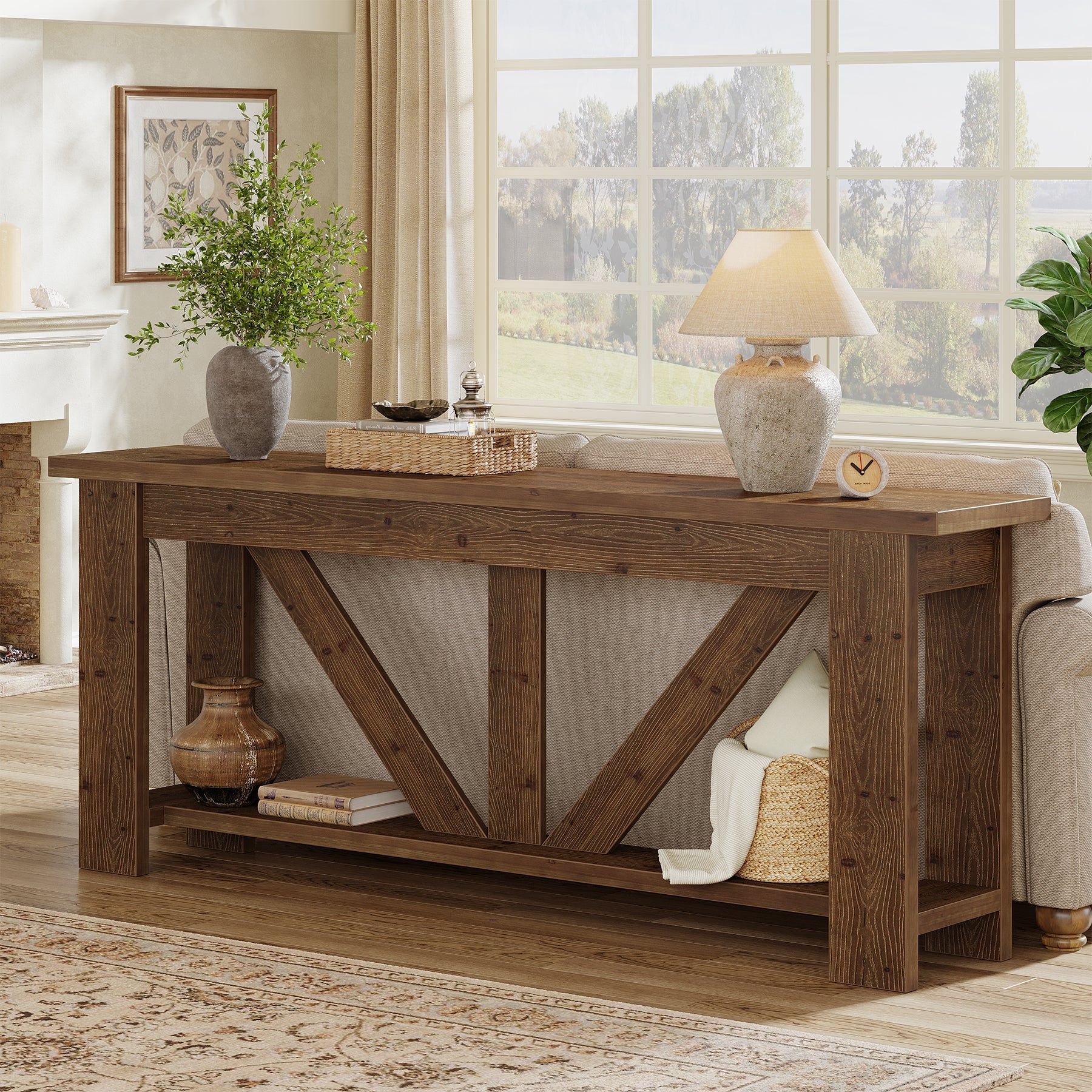 70.9" Solid Wood Console Table,  2-Tier Sofa Table Behind Couch with Storage
