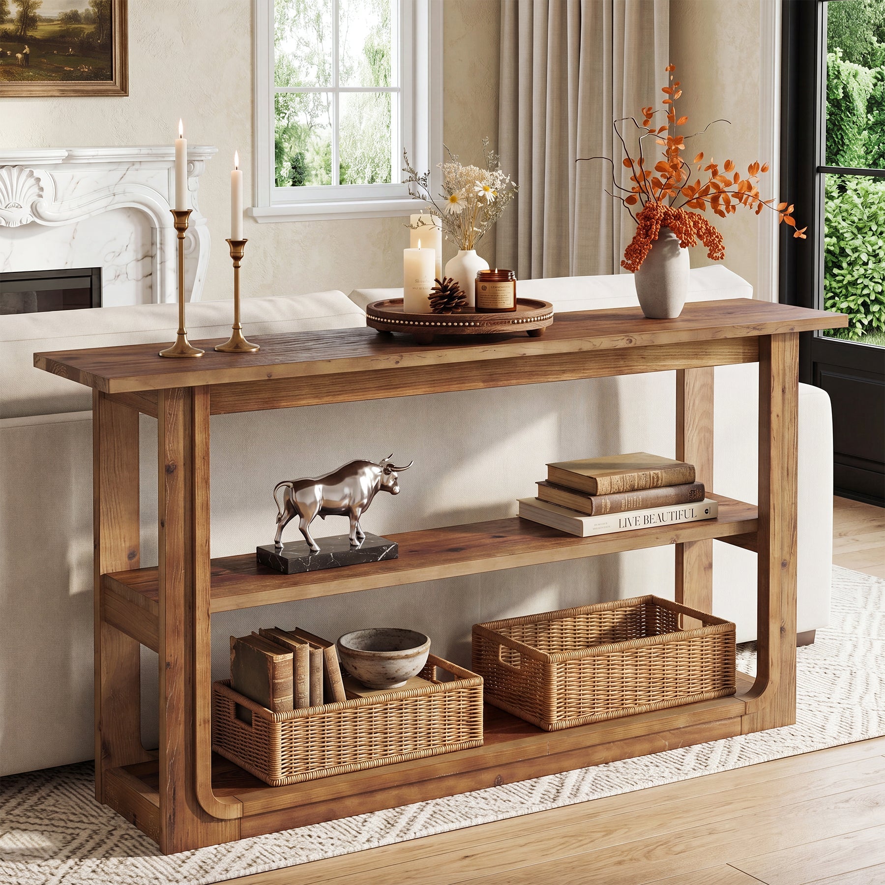 55" Solid Wood Console Table, 3-Tier Farmhouse Accent Sofa Table for Entryway