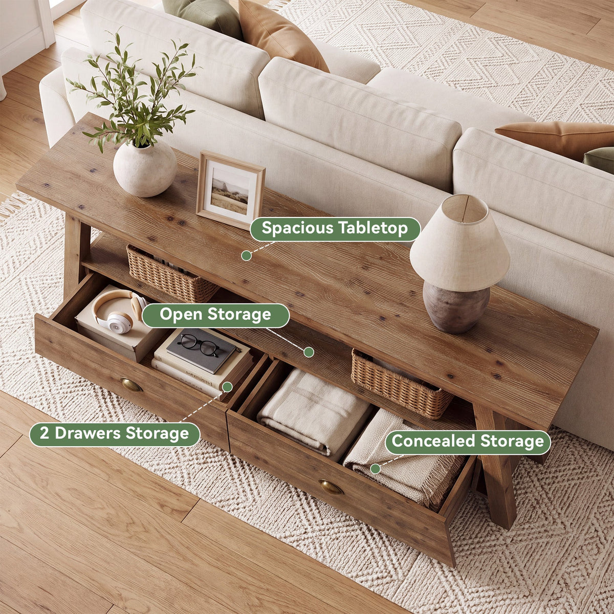 63" Console Table with Drawers, Farmhouse Solid Wood, 2-Tier A-Frame Entryway Table