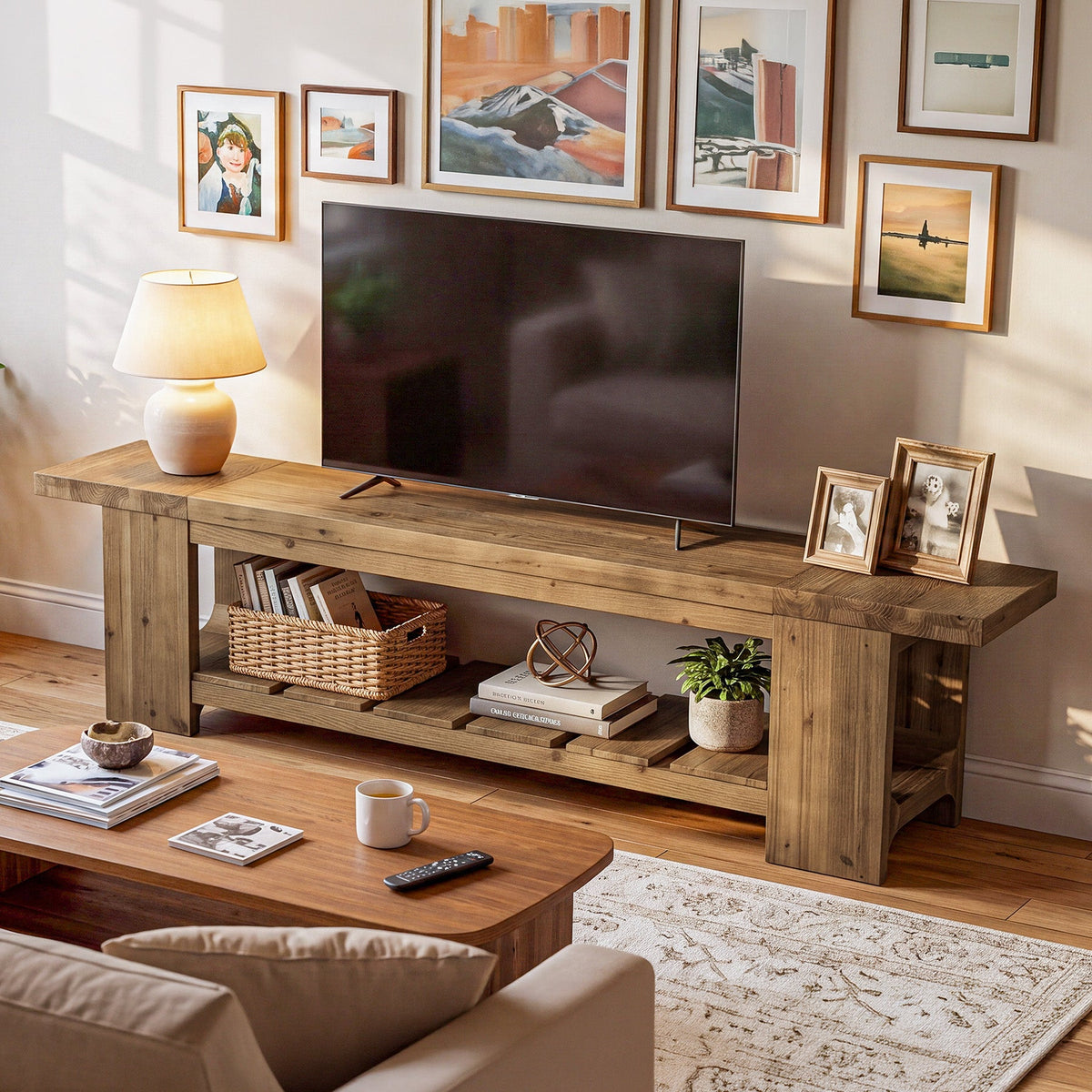 70.9" Solid Wood  TV Stand, Media Console with with Lower Storage Shelf for Living Room