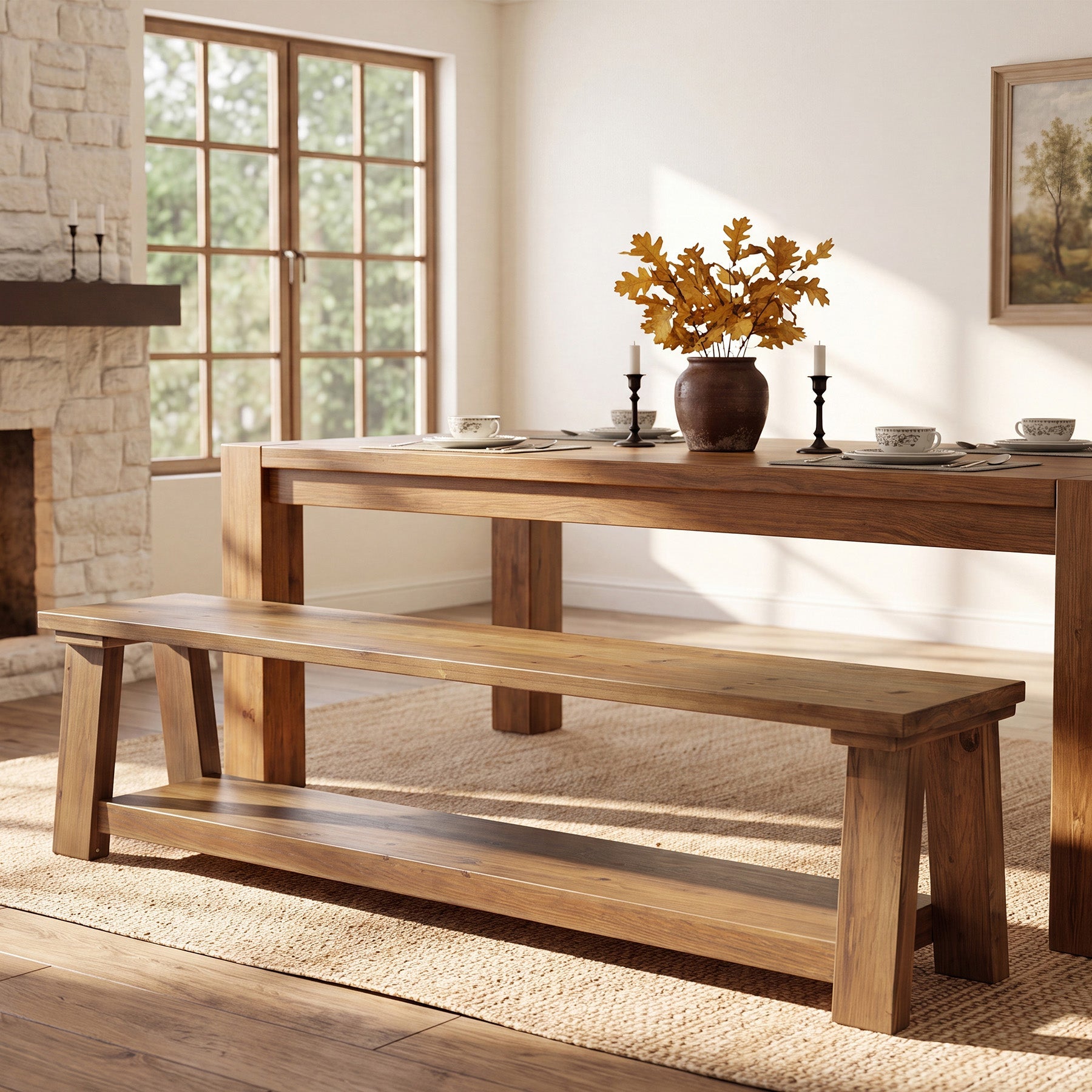 70.87" Solid Wood Dining Bench, Farmhouse Kitchen Bench with 2-tier Shelf for Dining Room