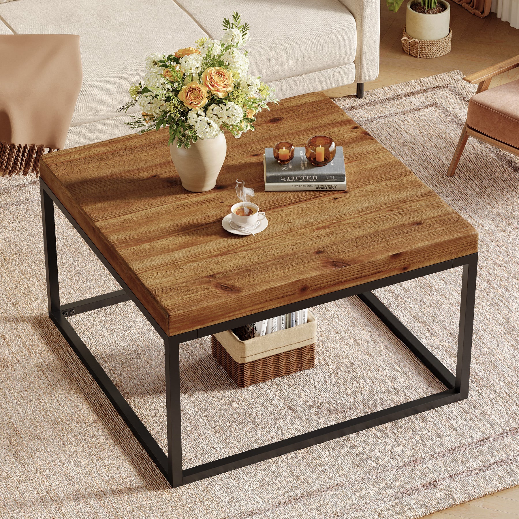 Square Solid Wood Coffee Table, 31.5" Farmhouse Center Table with Metal Frame