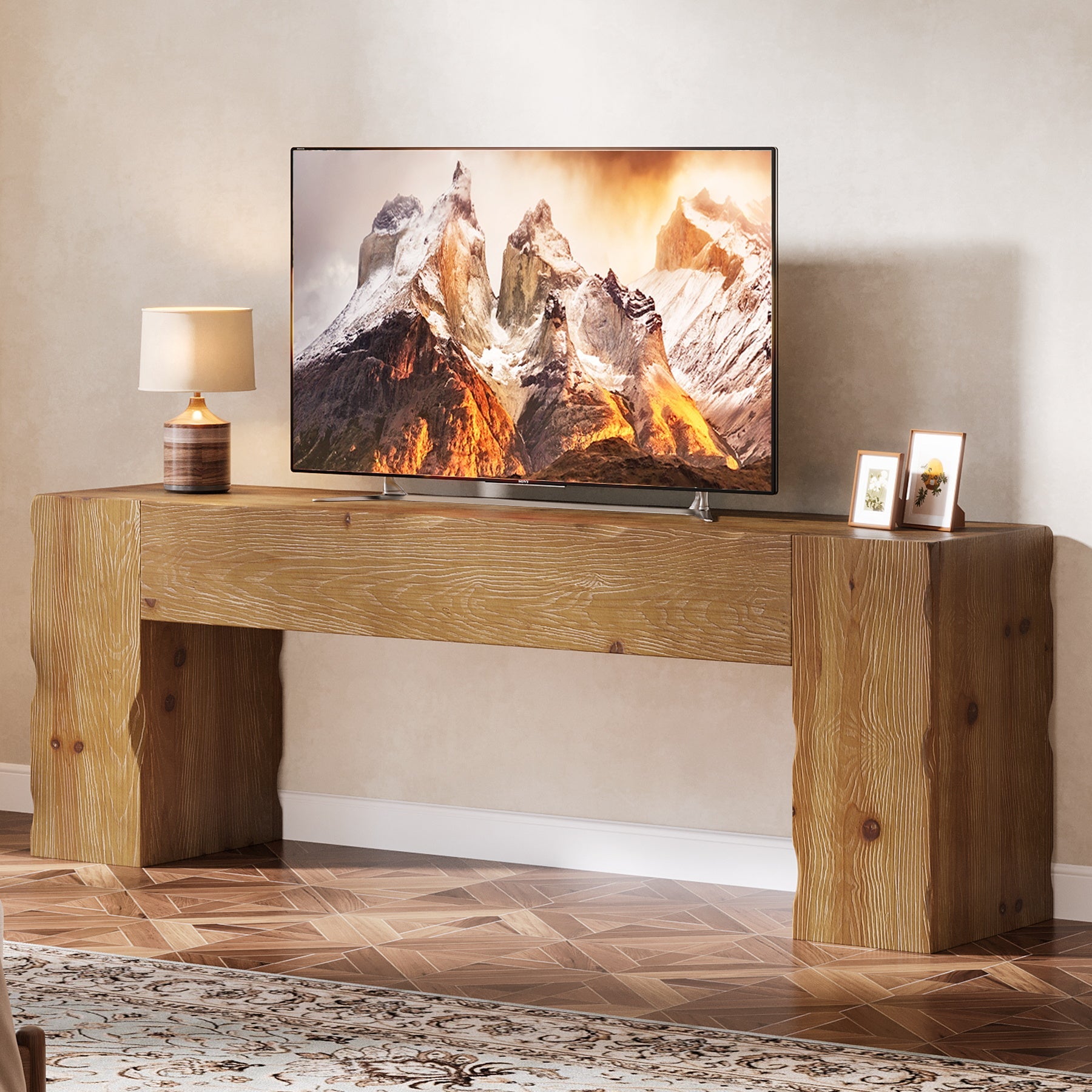 Solid Wood TV Stand for 65" TV, 63" Media Console with Hand Carved Wave Texture