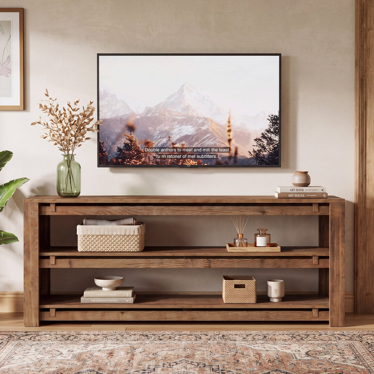 63" Solid Wood TV Stand Fits up to 75" Tvs, 3-Tier TV Console with Storage Shelves