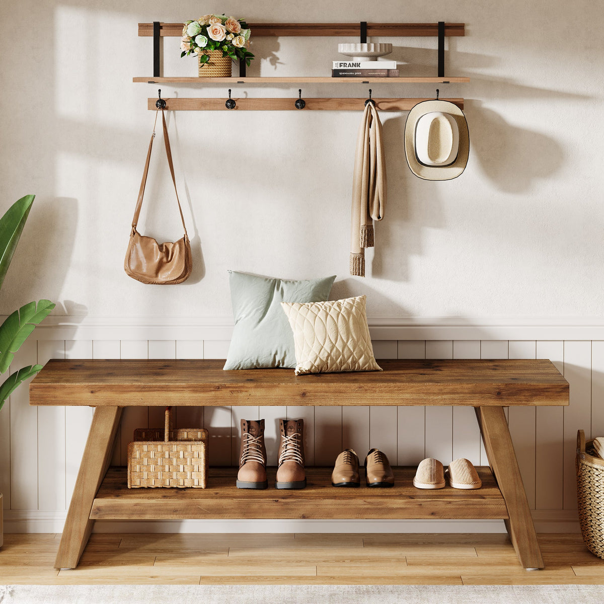 2 - Tier Entryway Bench, Solid Wood Shoe Bench with Open Shelves Tribesigns