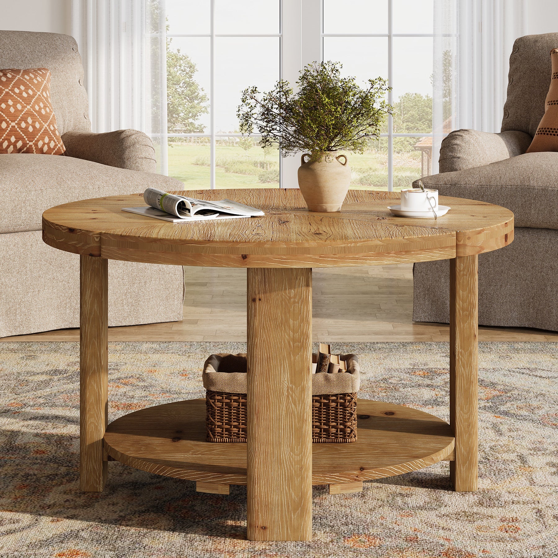 31.5" Solid Wood Coffee Table, Round Center Table with 2-Tier Storage
