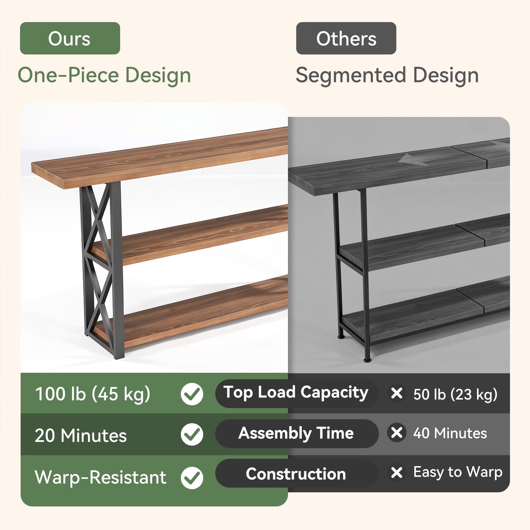 63" Solid Wood Console Table, 3-Tier Narrow Behind Couch Sofa Table, Entryway
