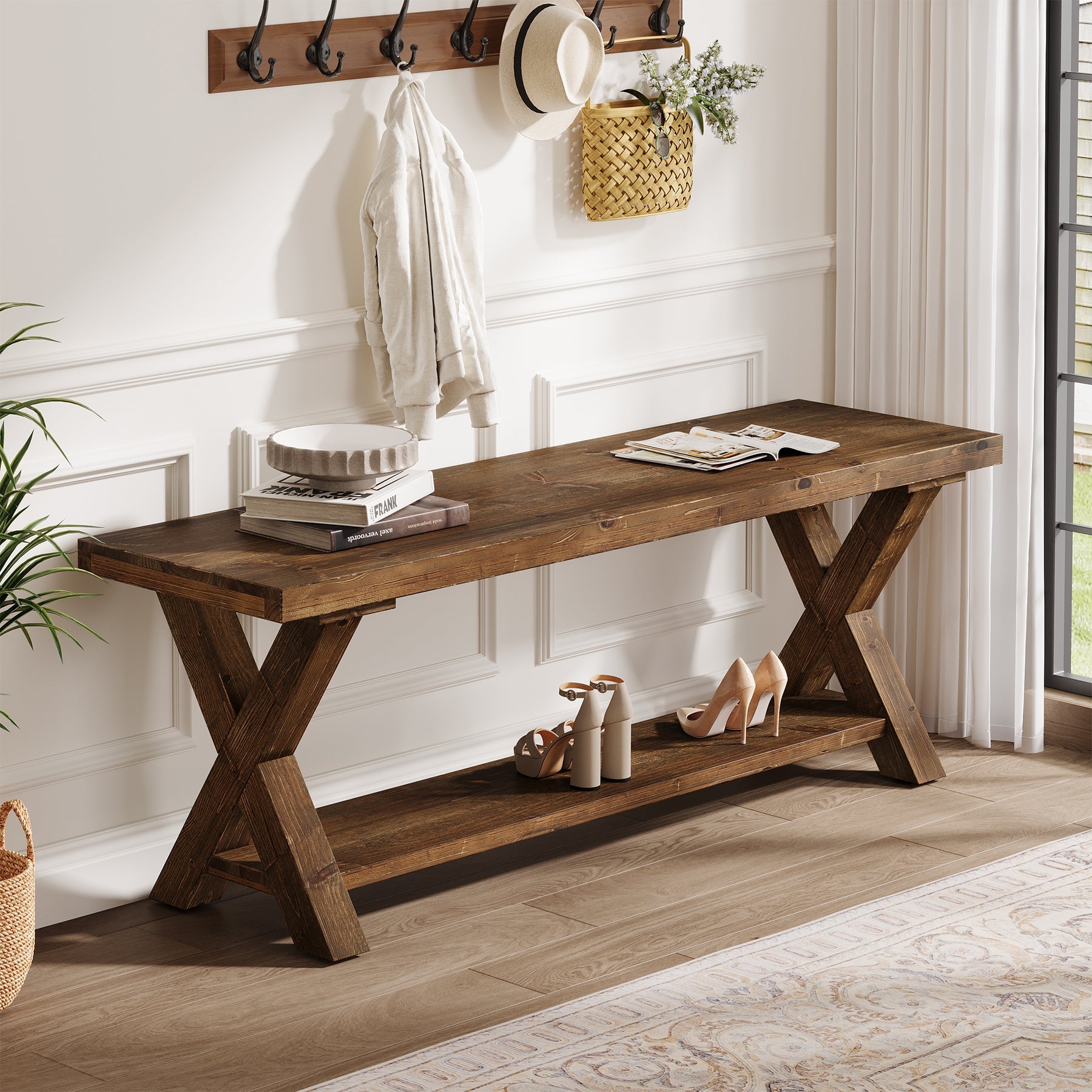 43.3" Solid Wood Bench, Farmhouse Entryway Bench with Storage Shelf