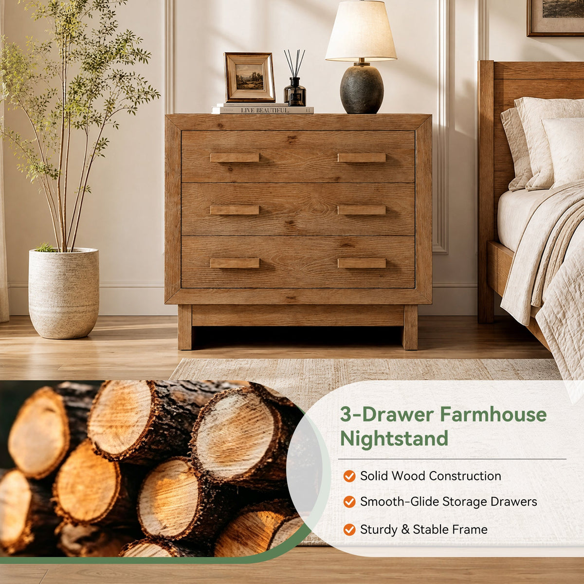 31.5” Solid Wood Nightstand, Oversized Bedside Table with 3 Large Drawers for Bedroom