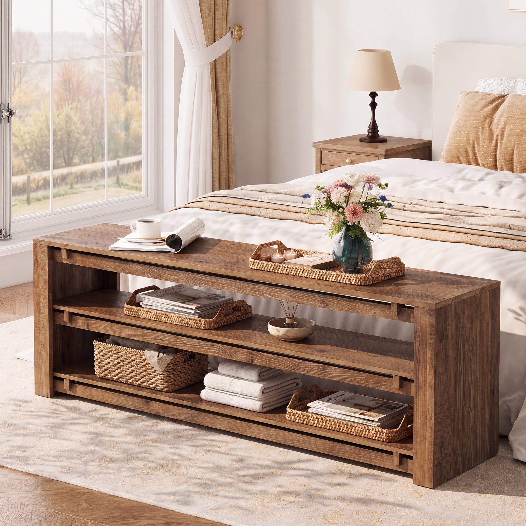 63" Solid Wood Entryway Bench with Storage, 3-Tier Shoe Bench for Hallway, Bedroom