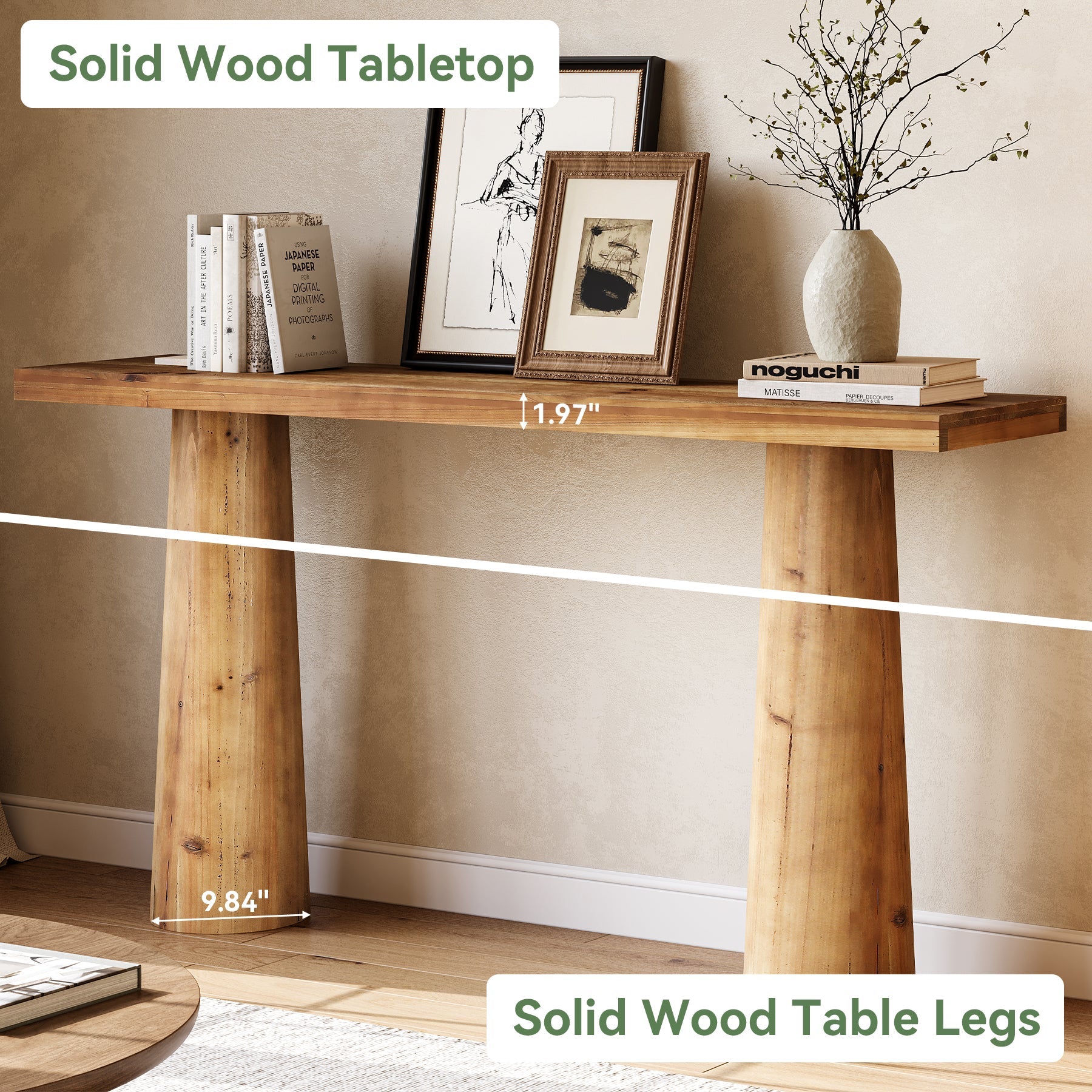 63" Solid Wood Console Table, Farmhouse Entryway Table with Cylindrical Legs